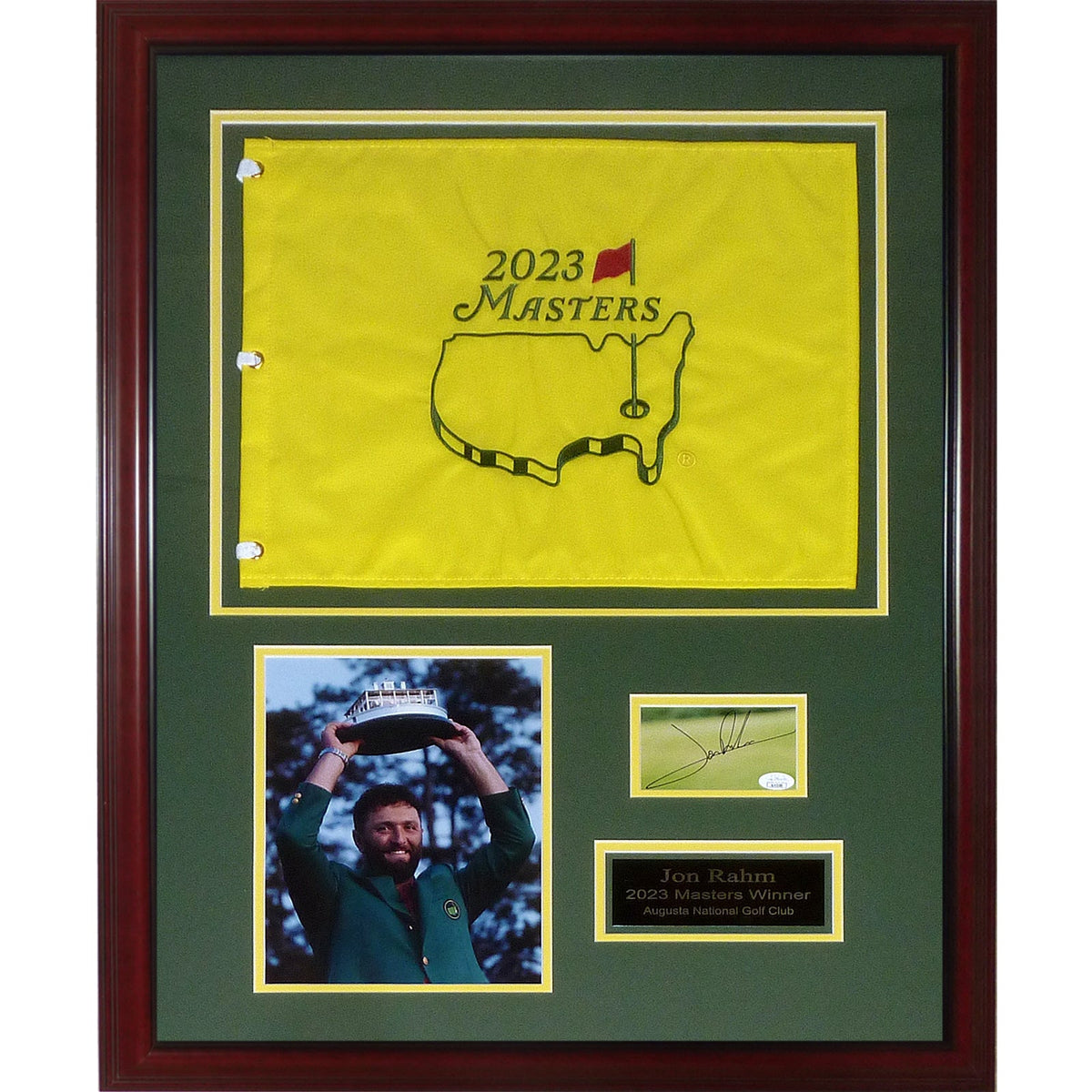 Autographed Jon Rahm 2023 Masters Flag Deluxe Framed Piece with Signature - JSA-Powers Sports Memorabilia