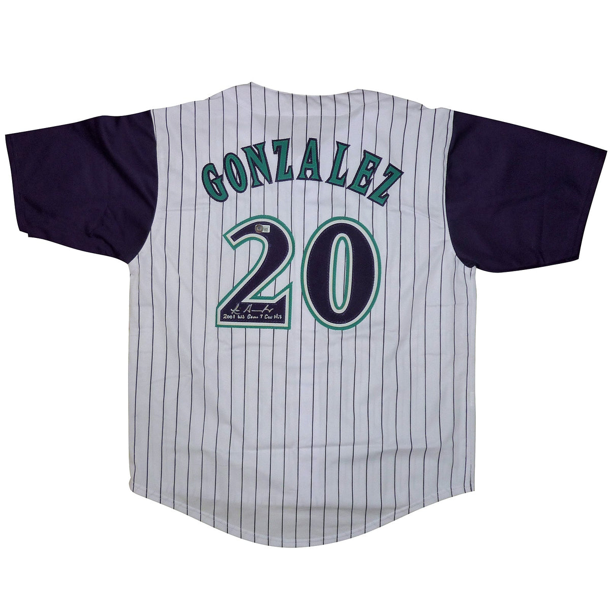 Autographed Luis Gonzalez Arizona (Pinstripe #20) Custom Jersey with "2001 WS G7 GW Hit" - BAS-Powers Sports Memorabilia
