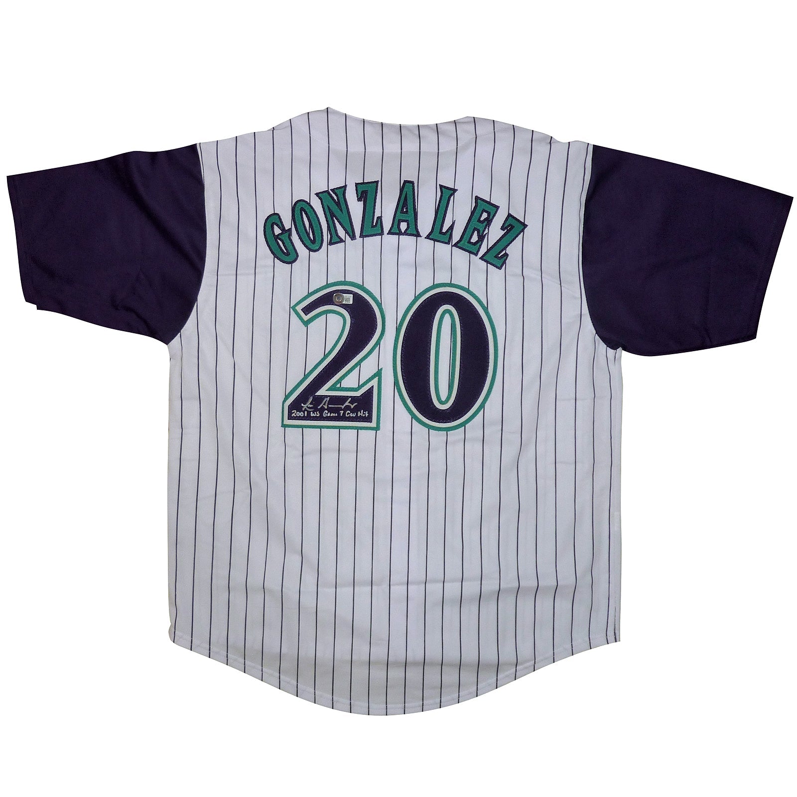 Autographed Luis Gonzalez Arizona (Pinstripe #20) Custom Jersey with "2001 WS G7 GW Hit" - BAS-Powers Sports Memorabilia