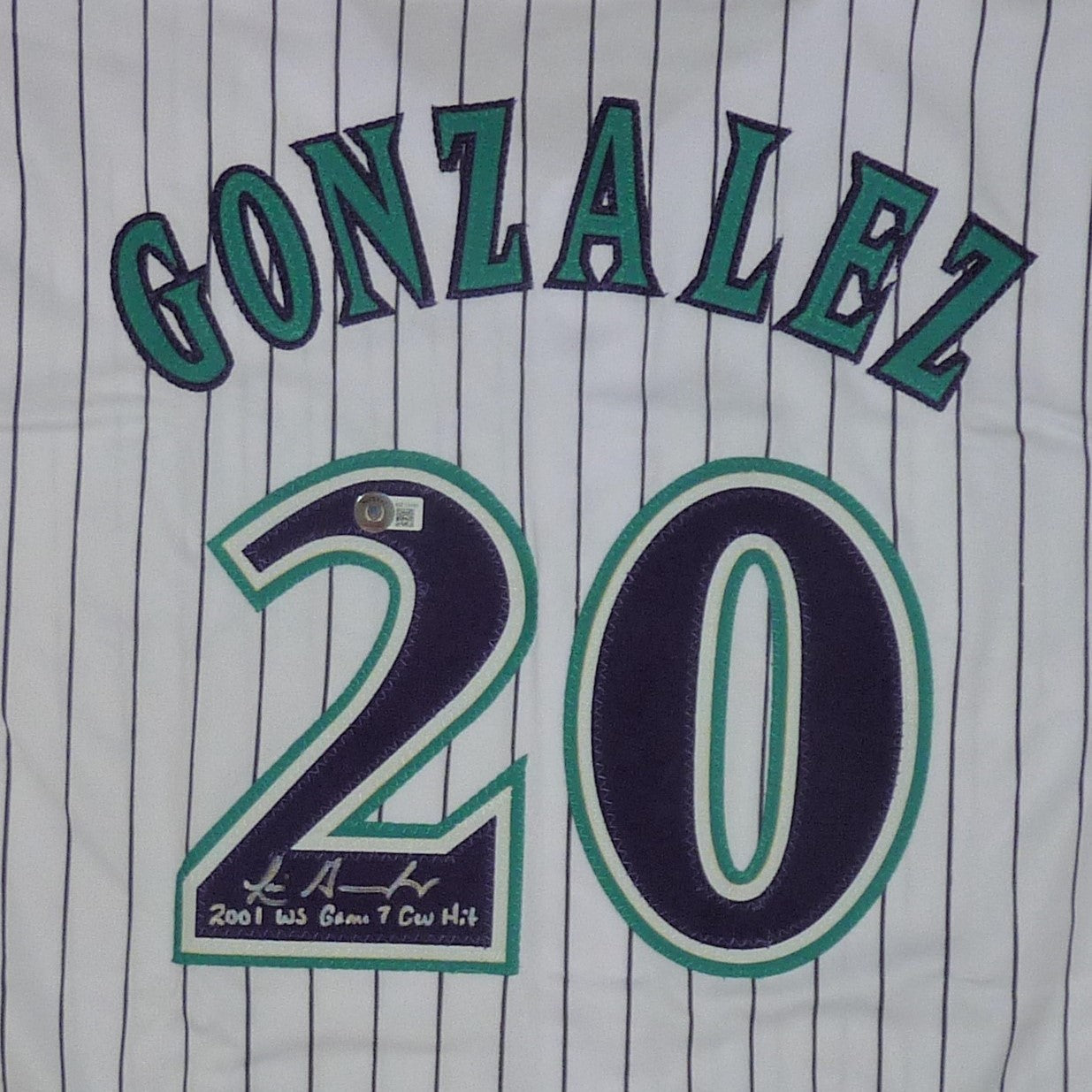 Autographed Luis Gonzalez Arizona (Pinstripe #20) Custom Jersey with "2001 WS G7 GW Hit" - BAS-Powers Sports Memorabilia