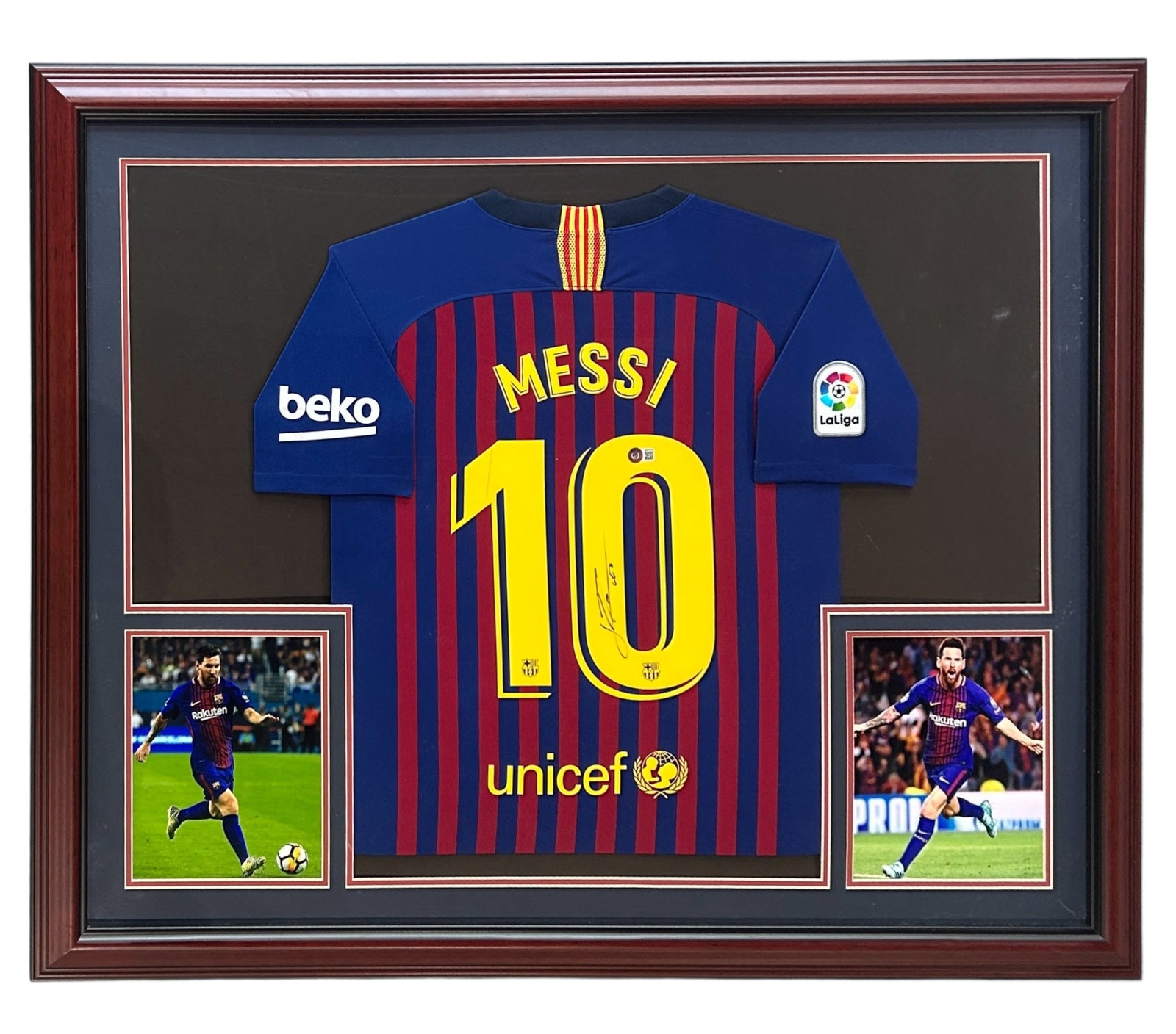 Autographed Lionel Messi FC Barcelona (18-19 Home #10) Deluxe Framed Soccer Jersey - Icons COA-Powers Sports Memorabilia