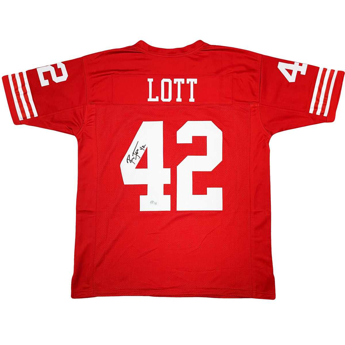 Autographed Ronnie Lott San Francisco (Red #42) Custom Jersey - Beckett-Powers Sports Memorabilia