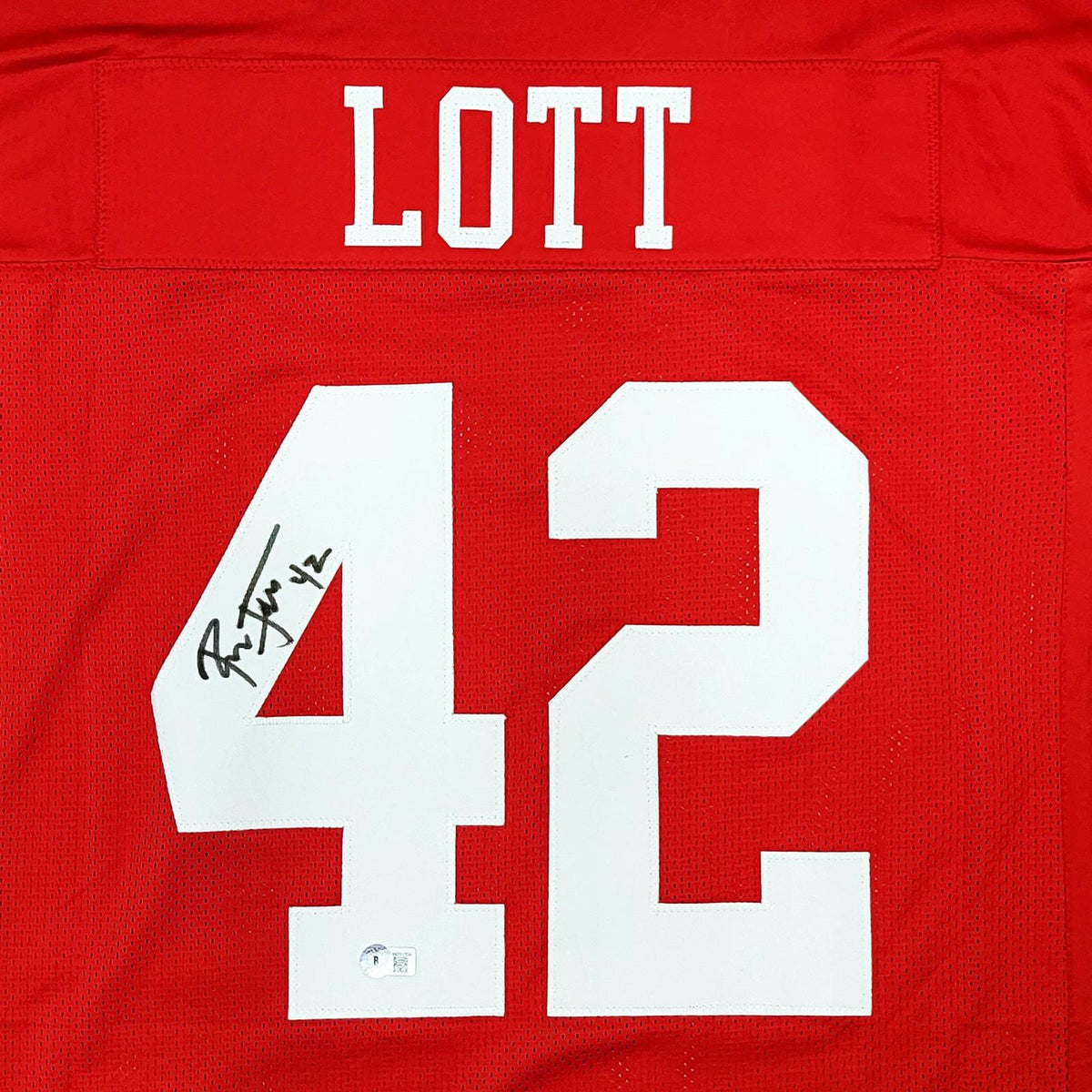 Autographed Ronnie Lott San Francisco (Red #42) Custom Jersey - Beckett-Powers Sports Memorabilia