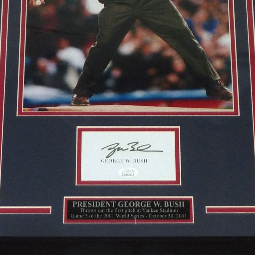 President George W. Bush Throwing out First Pitch Deluxe Framed 11x14 Photo with Autograph - JSA-Powers Sports Memorabilia