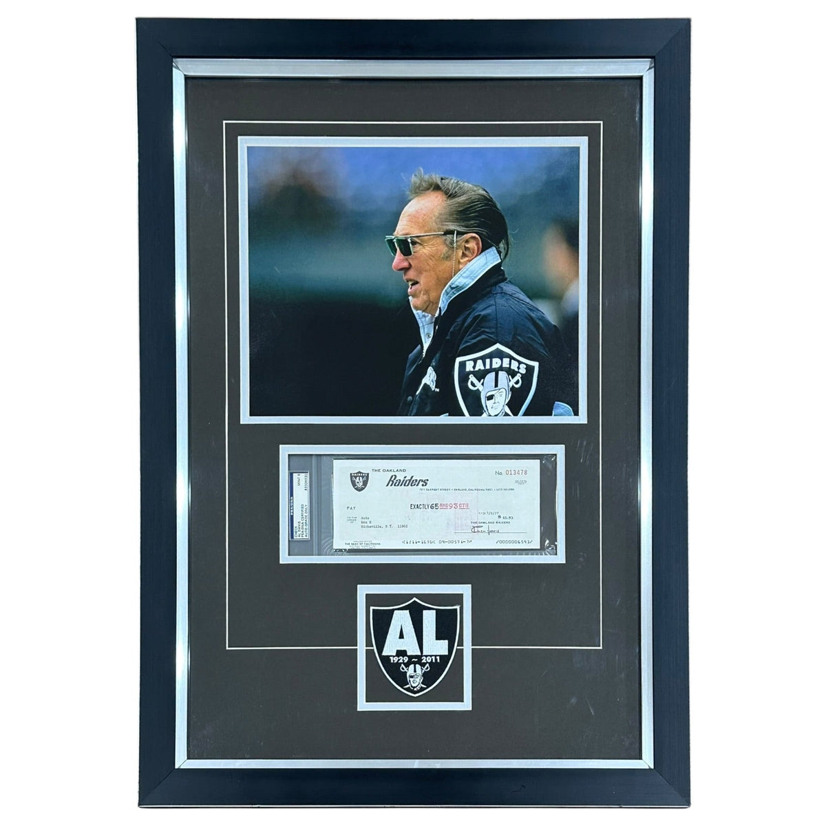 Autographed Al Davis Oakland Raiders Deluxe Framed piece with Original hand-signed Check - PSA/DNA-Powers Sports Memorabilia
