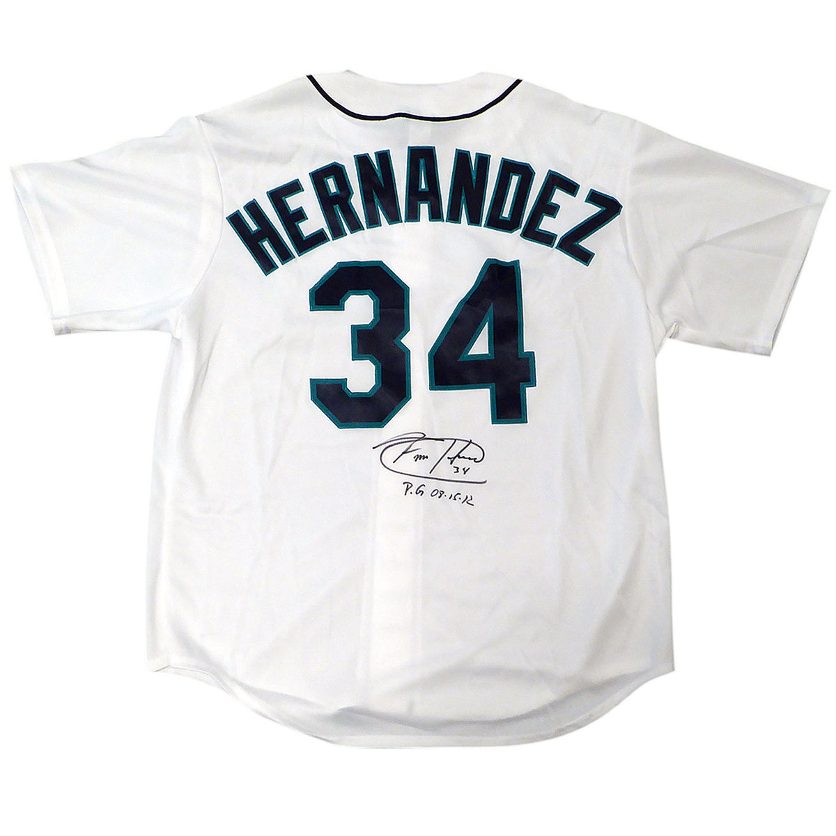 Autographed Felix Hernandez Seattle Mariners (White #34) Majestic Jersey w/ "PG 8-15-12" - MLB-Powers Sports Memorabilia