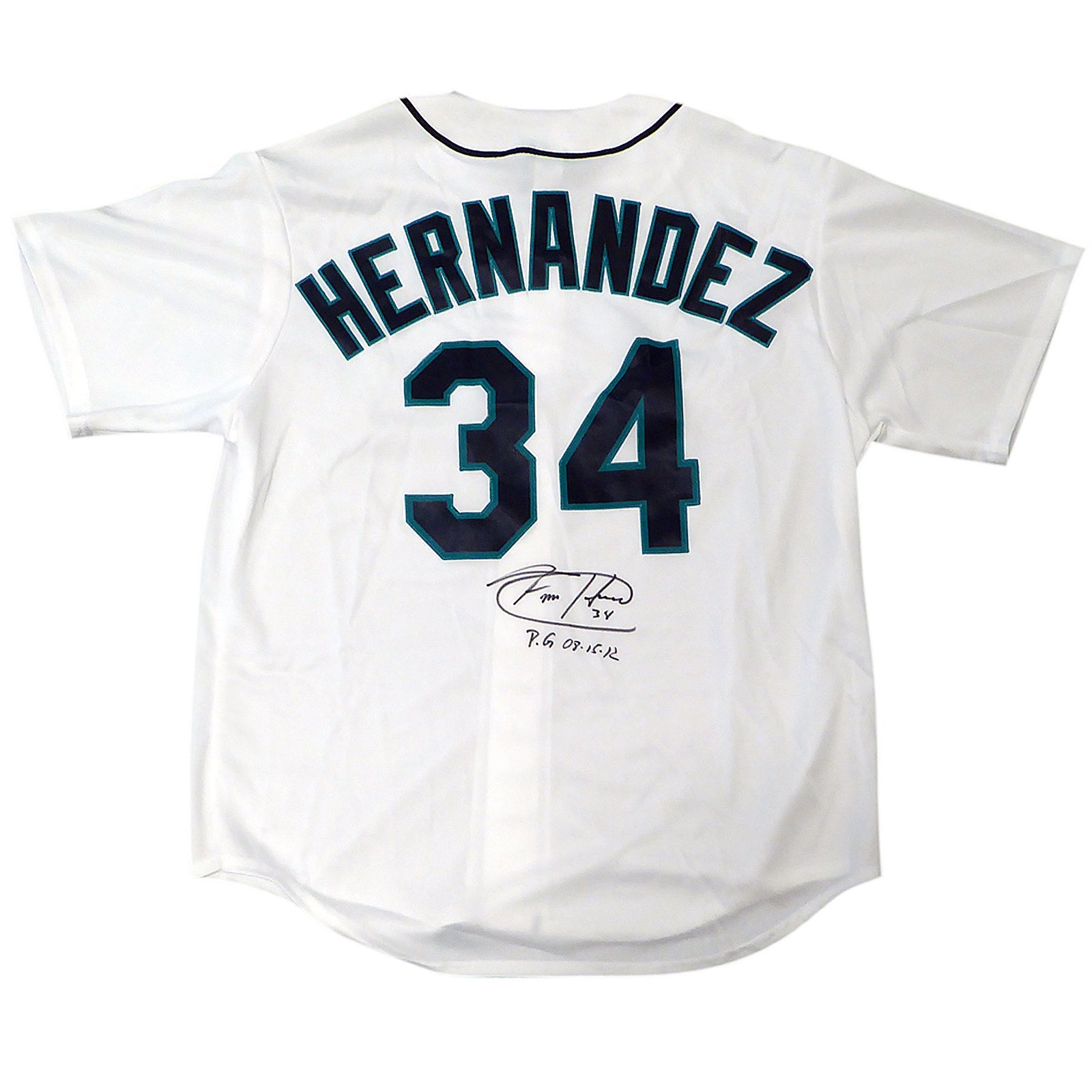 Autographed Felix Hernandez Seattle Mariners (White #34) Majestic Jersey w/ "PG 8-15-12" - MLB-Powers Sports Memorabilia