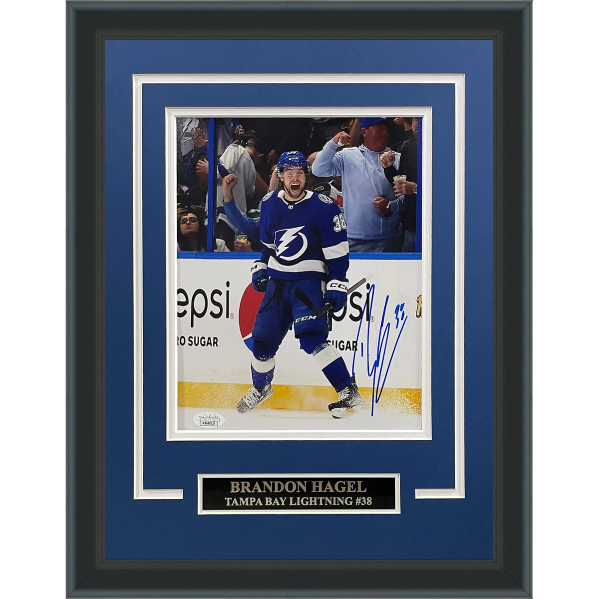 Autographed Brandon Hagel Tampa Bay Lightning (Blue Jersey) Deluxe Framed 8x10 Photo - JSA-Powers Sports Memorabilia