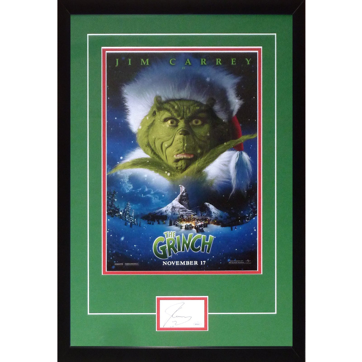 The Grinch 11x17 Movie Poster Deluxe Framed with Jim Carrey Autograph - JSA | Collectible Memorabilia-Powers Sports Memorabilia