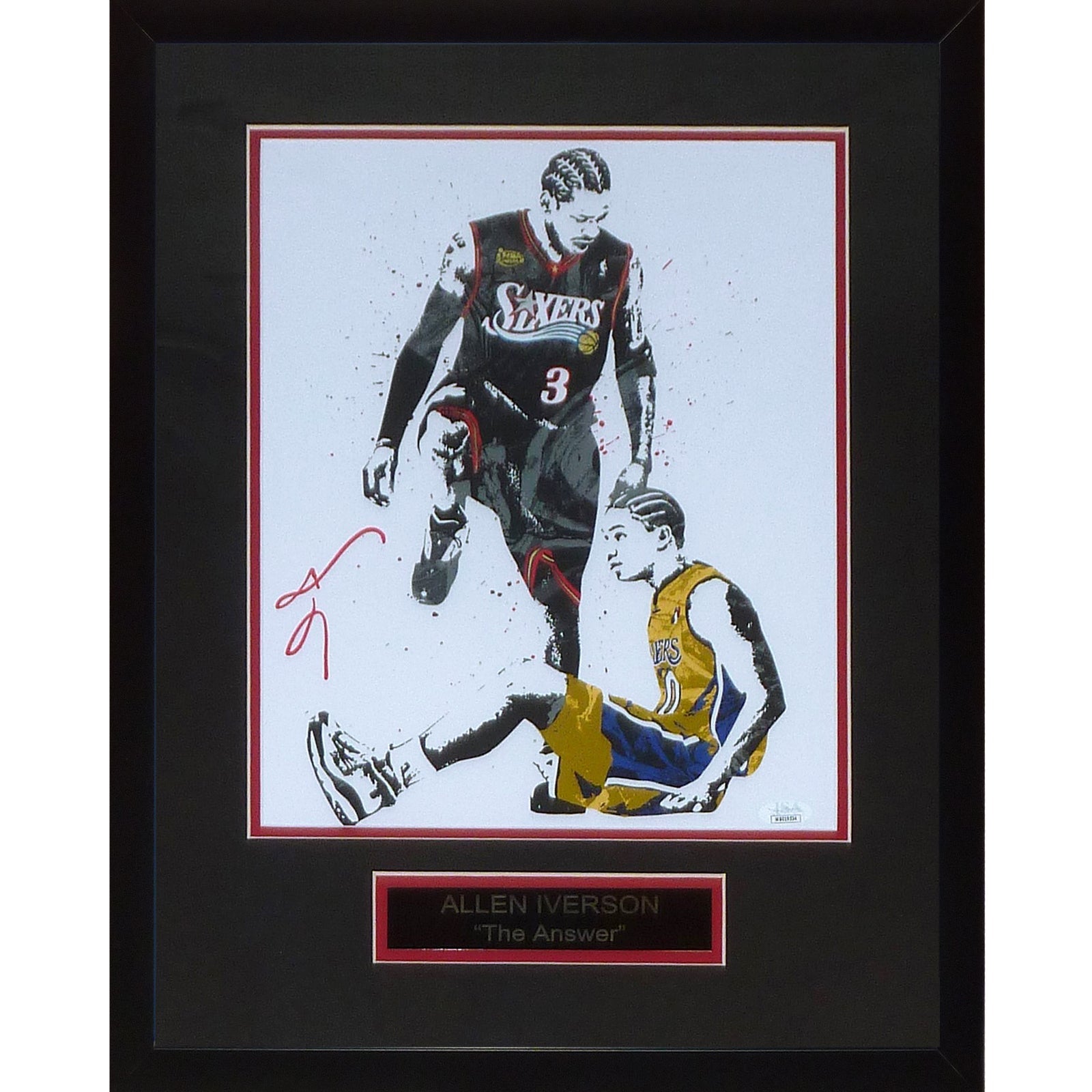 Autographed Allen Iverson Philadelphia 76ers (Stepover Splash Art) Deluxe Framed 11x14 Poster - Beckett-Powers Sports Memorabilia