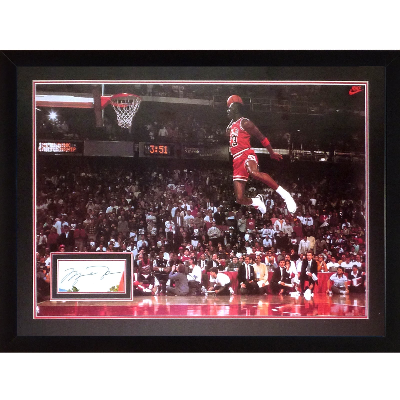 Autographed Michael Jordan Deluxe Framed over Chicago Bulls 1988 Gatorade Slam Dunk Full-Size Poster - JSA LOA-Powers Sports Memorabilia