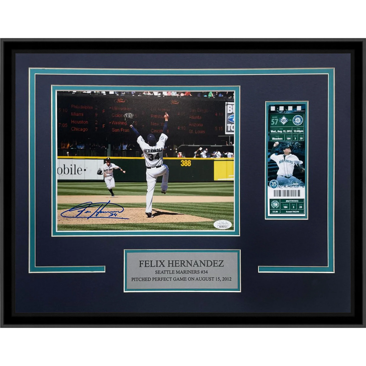 Autographed Felix Hernandez Seattle Mariners (Perfect Game) Framed 8×10 Photo with Replica Game Ticket - JSA