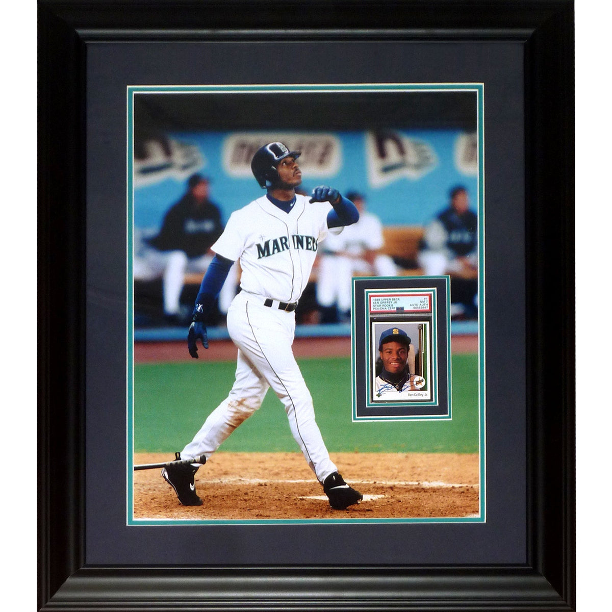 Autographed Ken Griffey Jr. 1989 Upper Deck Rookie Card #1 Deluxe Framed over Seattle Mariners 16x20 Photo - PSA/DNA