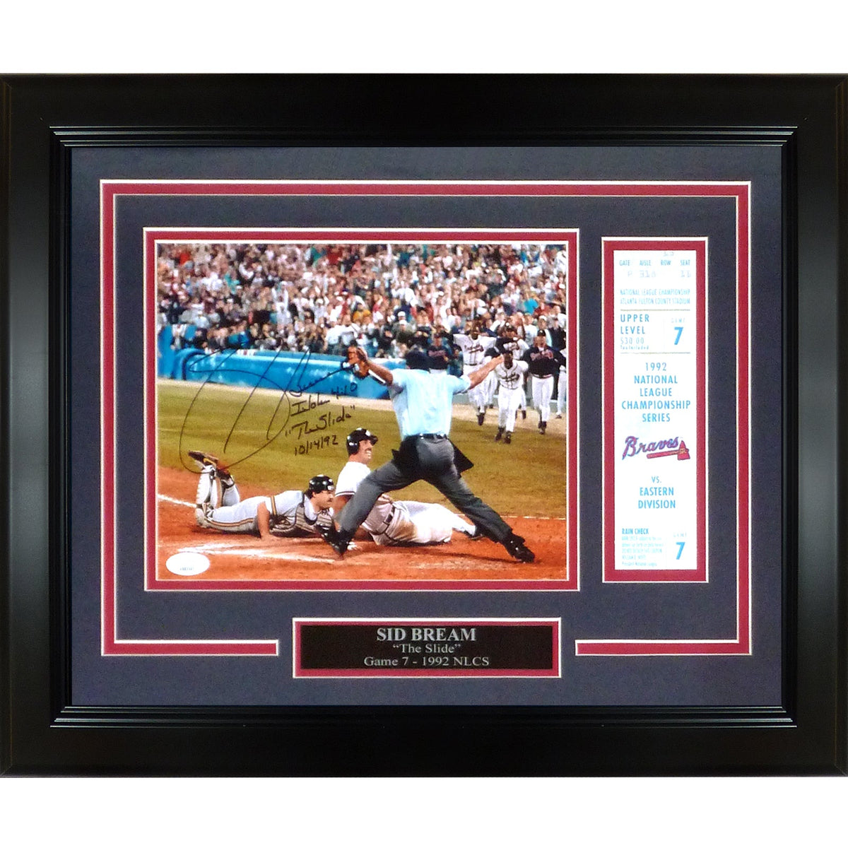 Autographed Sid Bream Atlanta Braves (NLCS Slide) Deluxe Framed 8x10 Photo with Replica Ticket Stub - JSA-Powers Sports Memorabilia