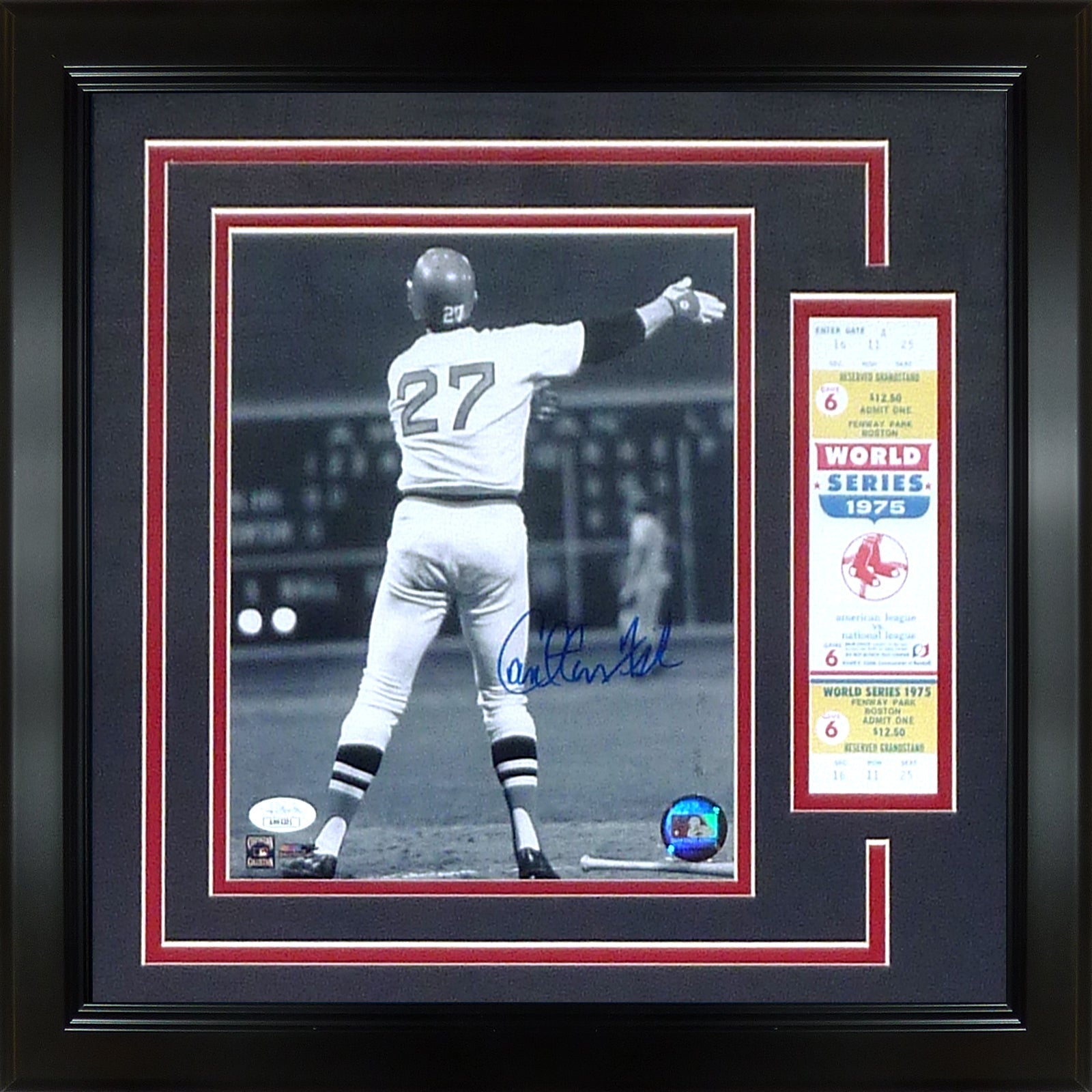 Autographed Carlton Fisk Boston Red Sox (1975 WS Home Run) Framed 8x10 Photo with Replica Ticket Stub - JSA