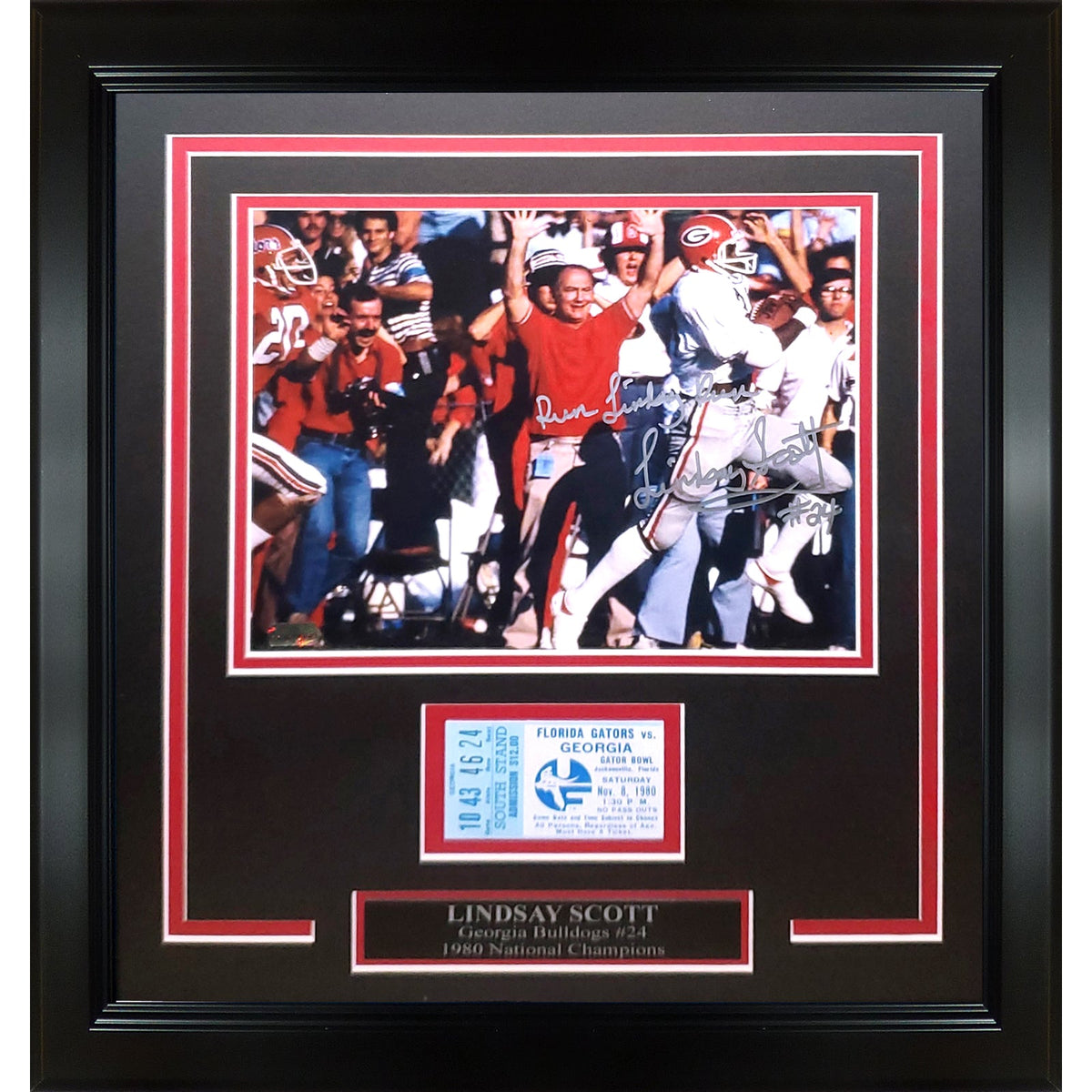 Autographed Lindsay Scott Georgia Bulldogs Deluxe Framed 8x10 Photo with Replica Game Ticket -"Run Lindsay Run"-Powers Sports Memorabilia