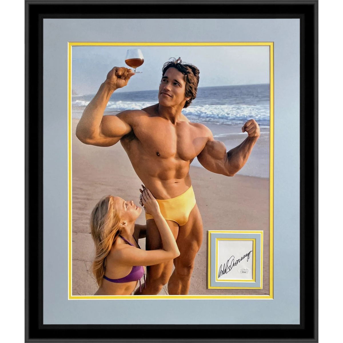 Autographed Arnold Schwarzenegger Cognac on the Beach Deluxe Framed 16x20 Photo Piece - JSA-Powers Sports Memorabilia