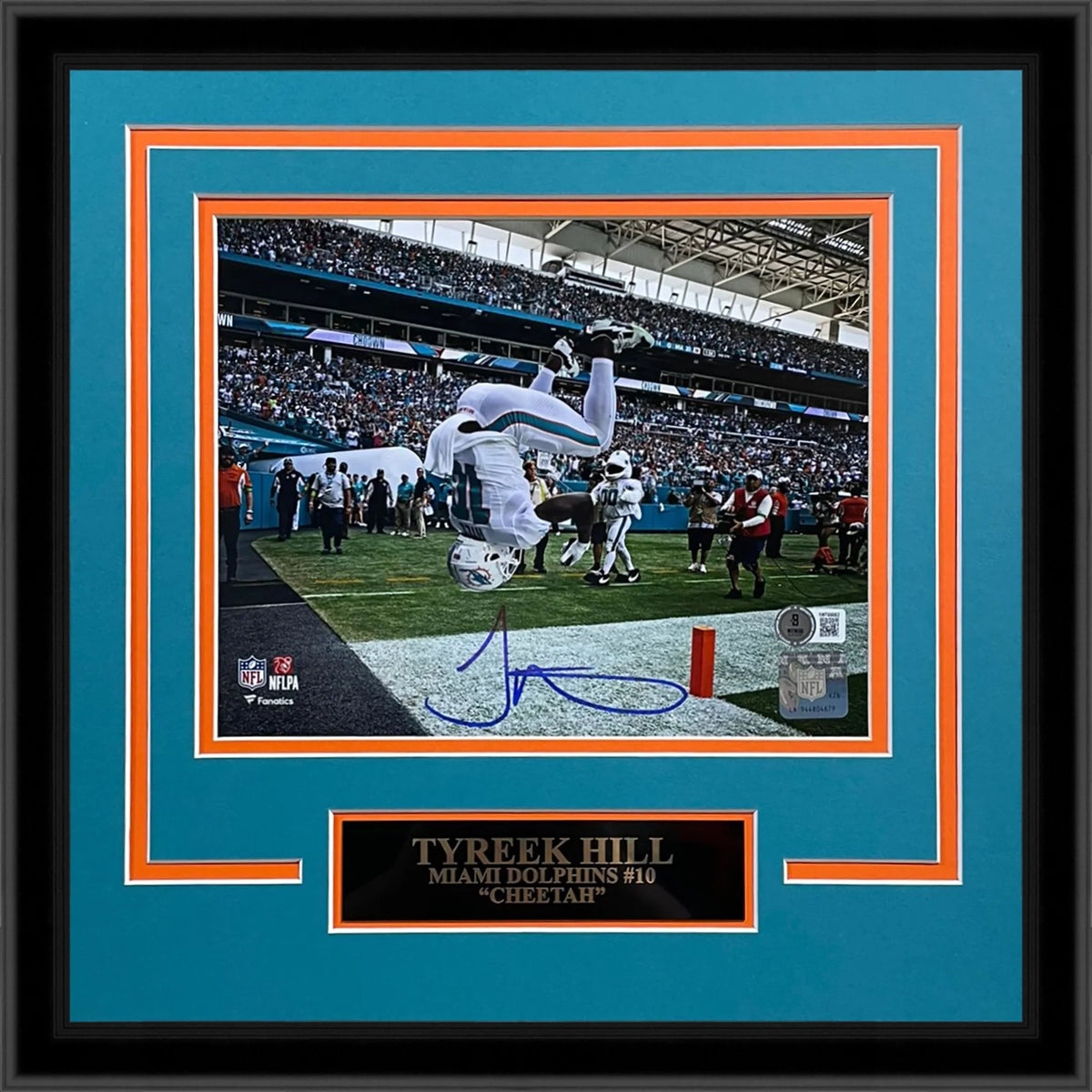 Autographed Tyreek Hill Miami Dolphins (Back Flip in Color) Deluxe 8x10 Photo - Beckett-Powers Sports Memorabilia