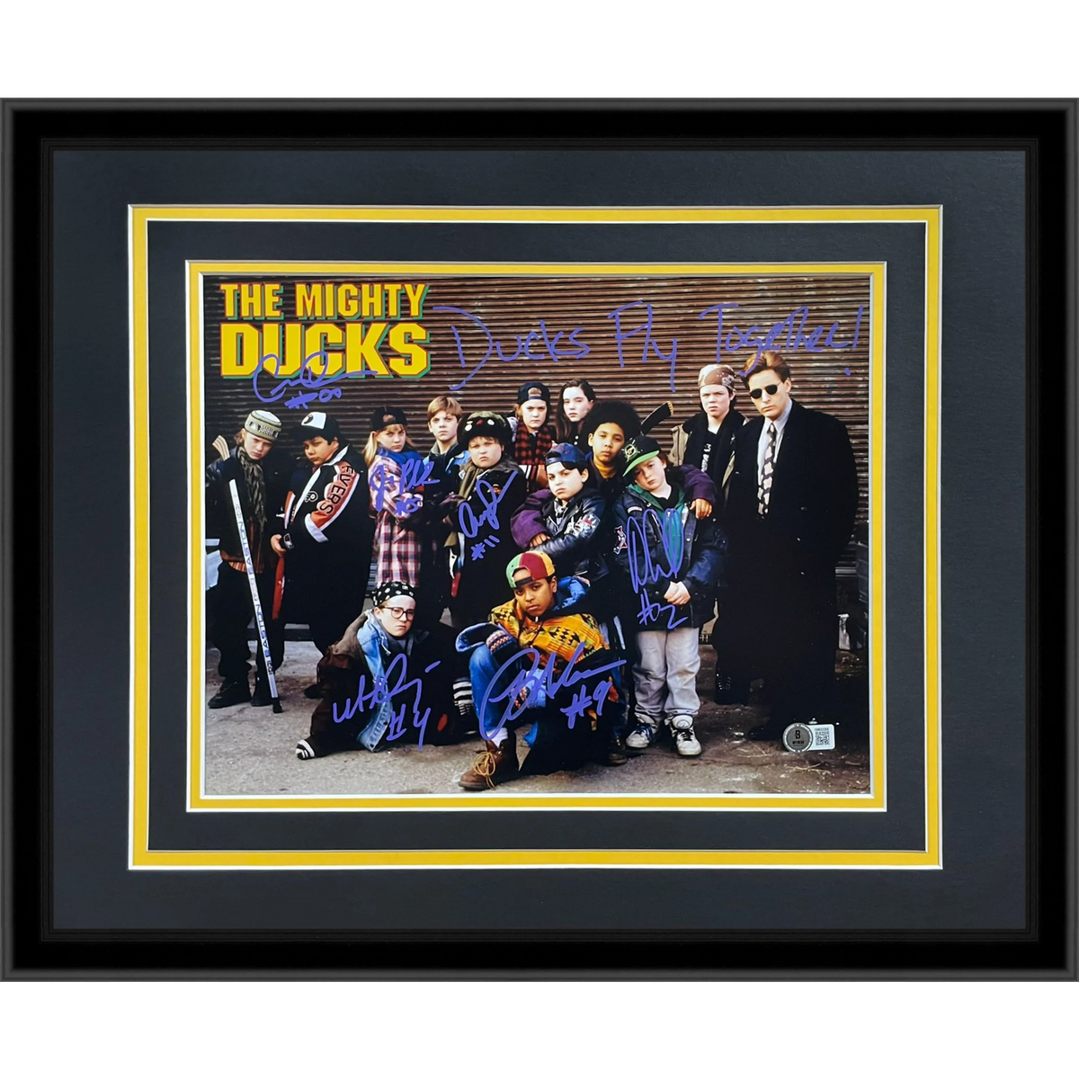 Autographed Mighty Ducks Cast 11x14 (Horiz) Deluxe Framed Movie Poster - 6 Signatures - Beckett-Powers Sports Memorabilia