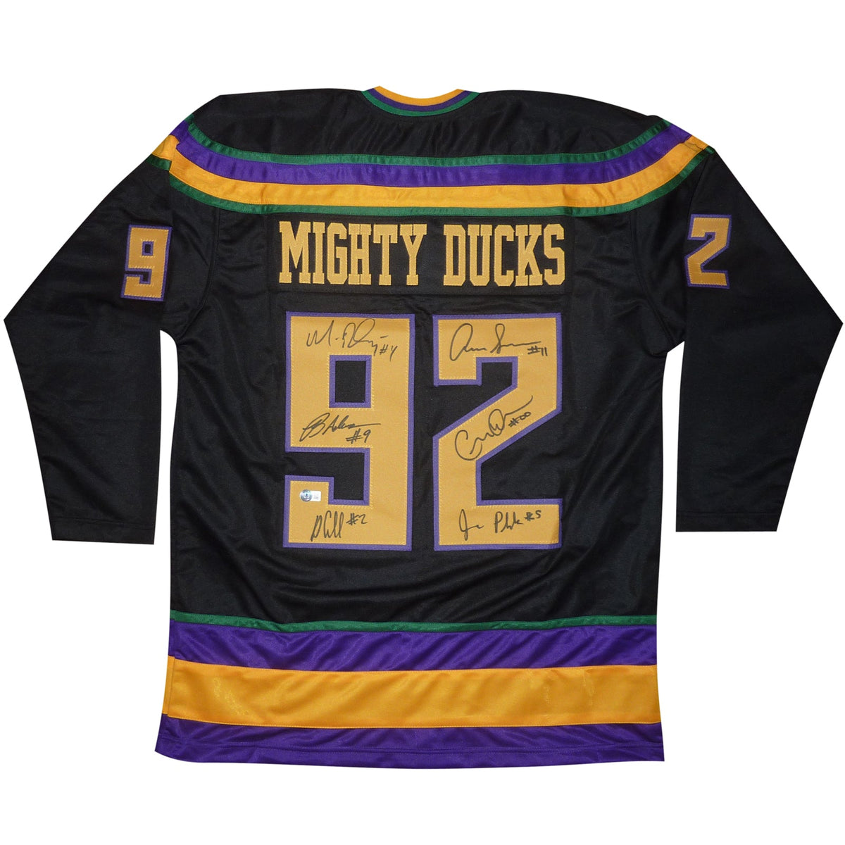 Autographed Mighty Ducks Cast (Black #92) Custom Hockey Jersey - 6 Signatures - Beckett-Powers Sports Memorabilia