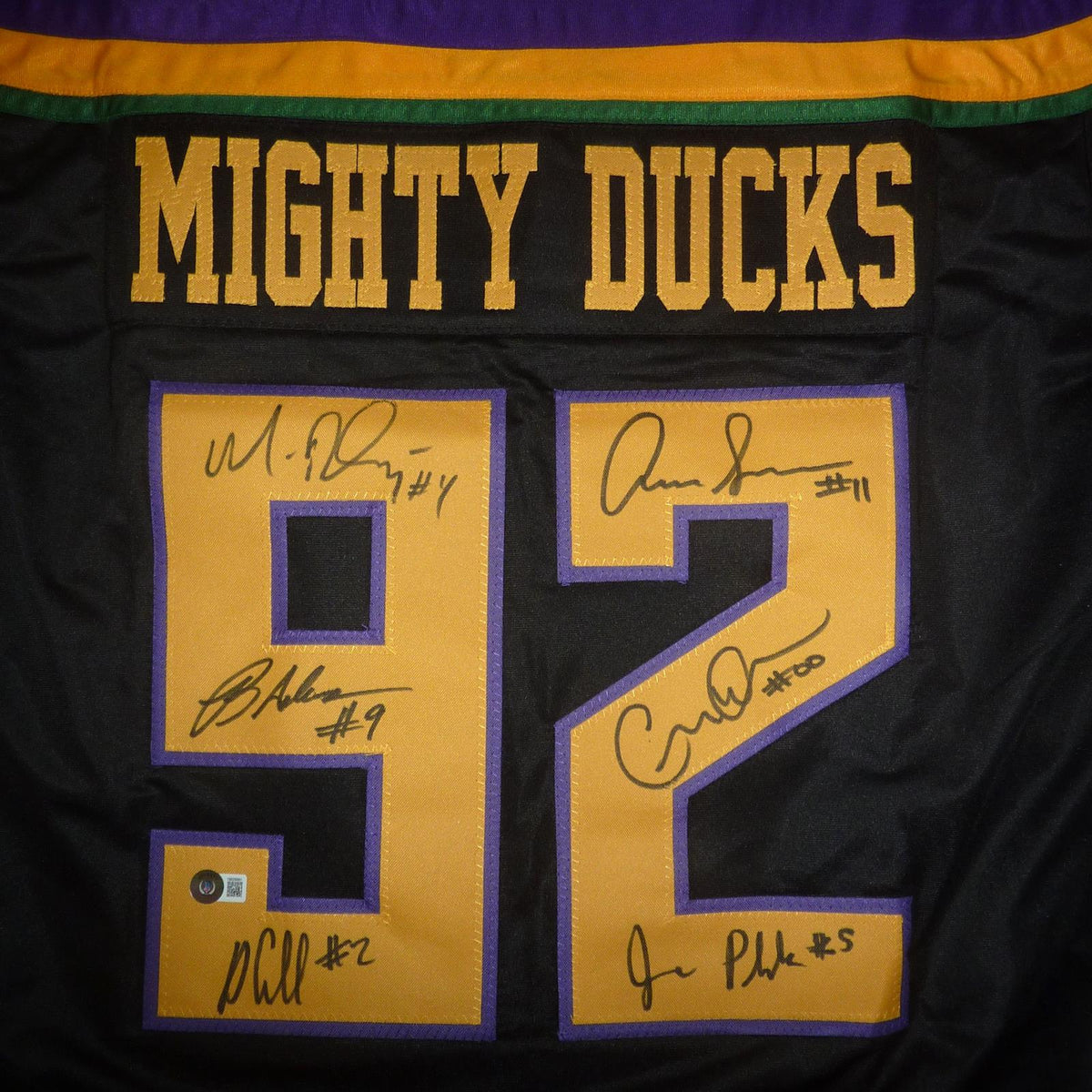 Autographed Mighty Ducks Cast (Black #92) Custom Hockey Jersey - 6 Signatures - Beckett-Powers Sports Memorabilia