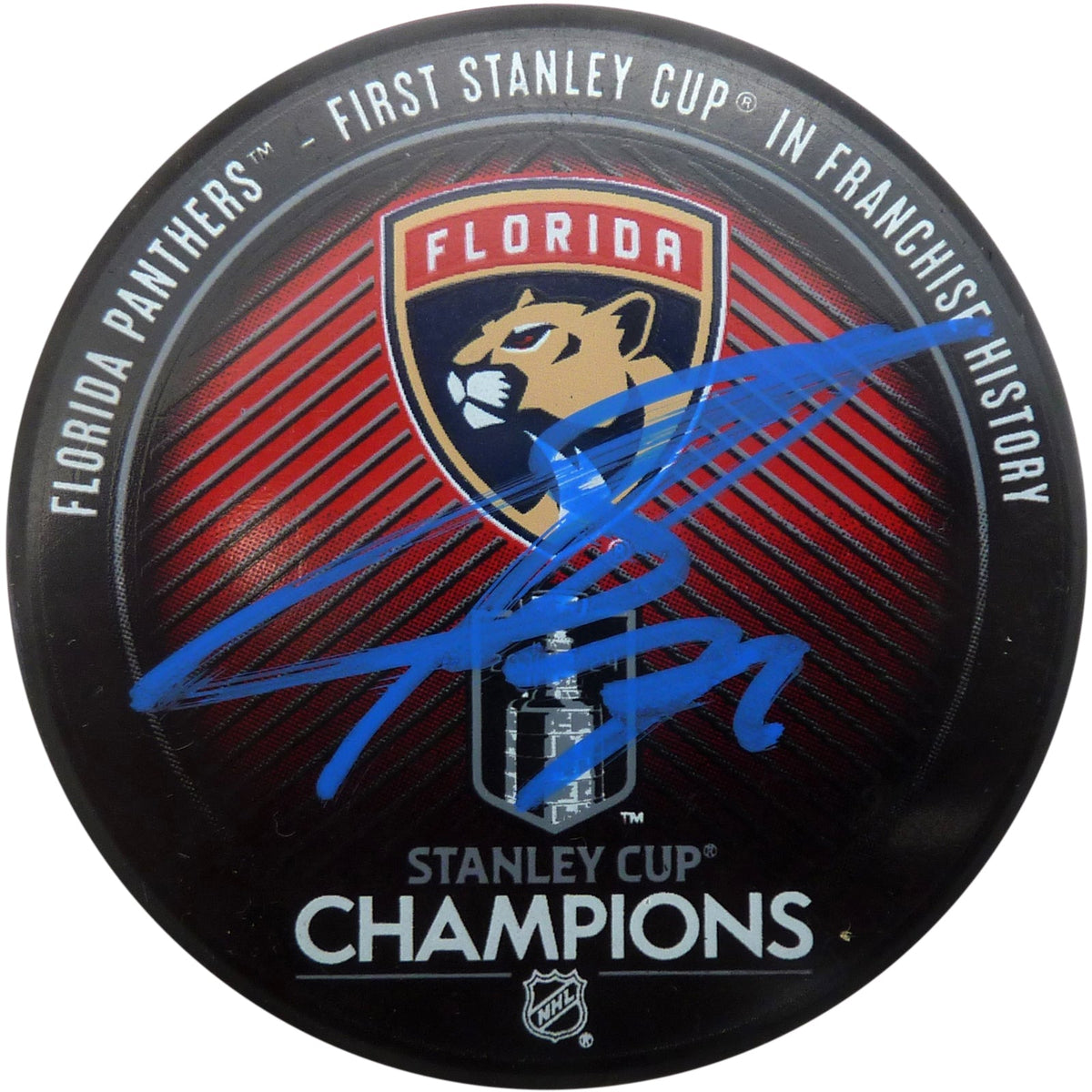 Autographed Sergei Bobrovsky Florida Panthers (2024 Stanley Cup Champs) Hockey Puck - Blue - Beckett-Powers Sports Memorabilia