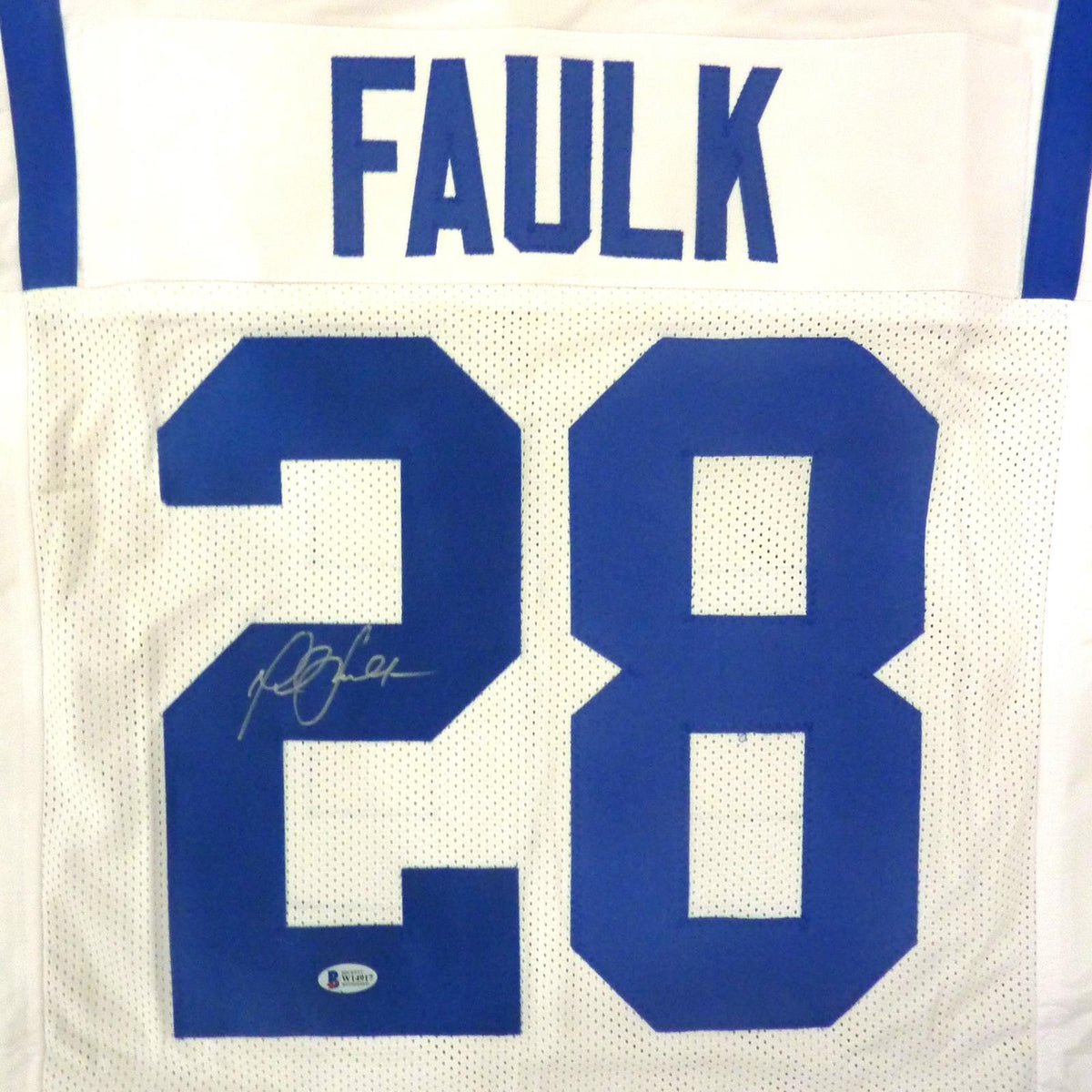 Autographed Marshall Faulk Indianapolis Colts (White #28) Custom Jersey - Beckett-Powers Sports Memorabilia