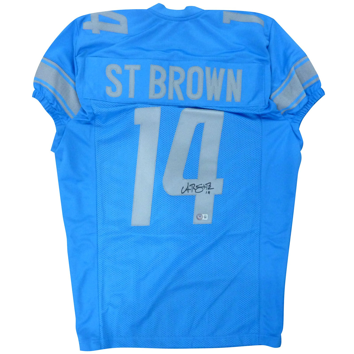 Autographed Amon-Ra St Brown Detroit (Blue #14) Custom Jersey - Beckett-Powers Sports Memorabilia
