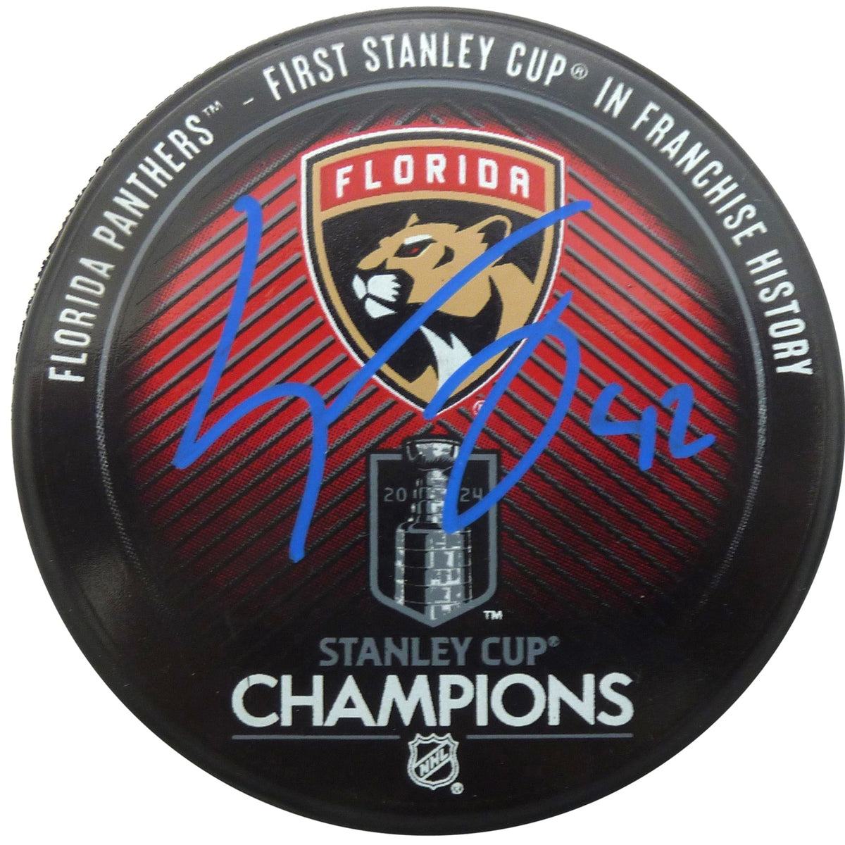 Autographed Gustav Forsling Florida Panthers (2024 Stanley Cup Champs Logo) Hockey Puck - JSA-Powers Sports Memorabilia