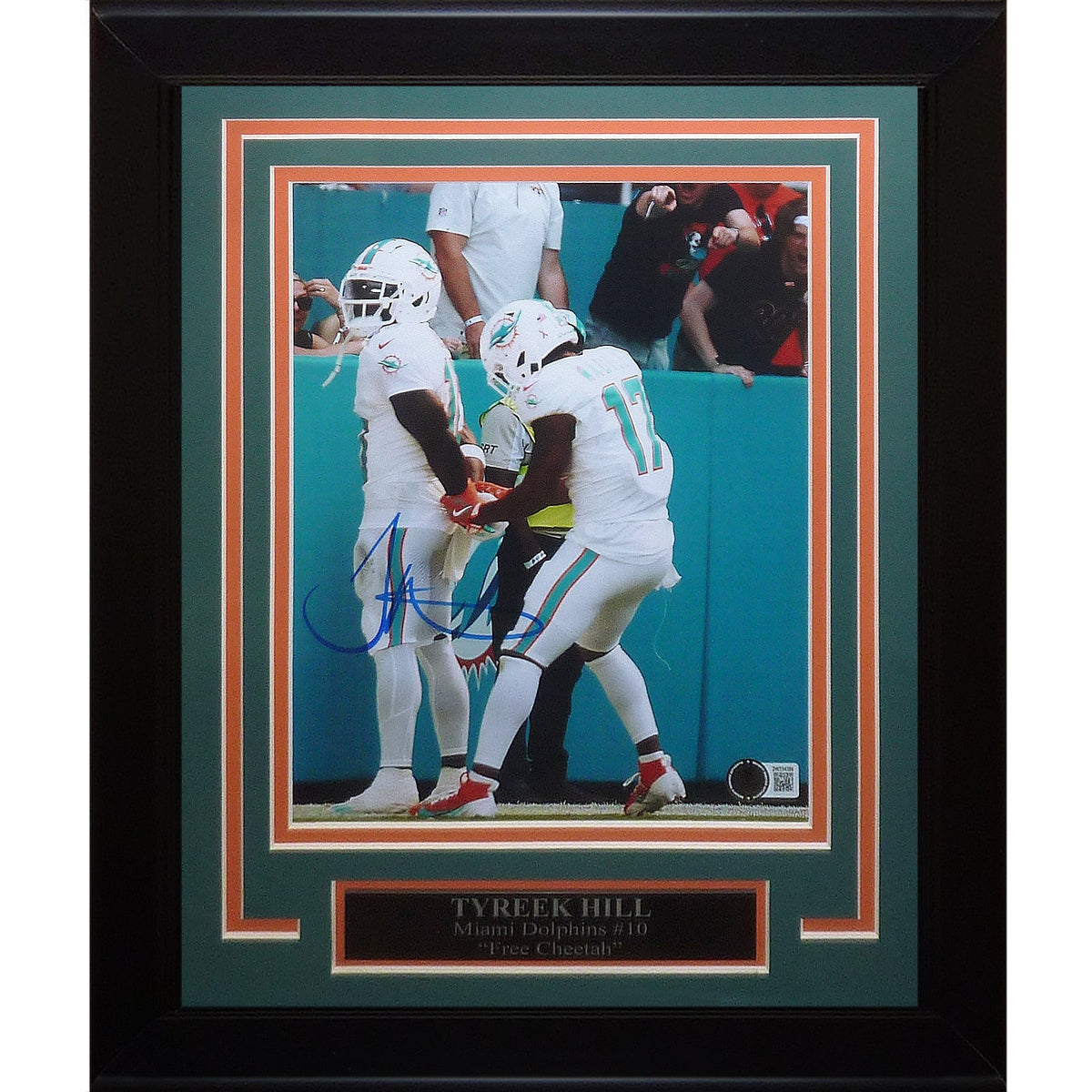 Autographed Tyreek Hill Miami Dolphins (Handcuffs Celebration Color) Deluxe 8x10 Photo - Beckett-Powers Sports Memorabilia