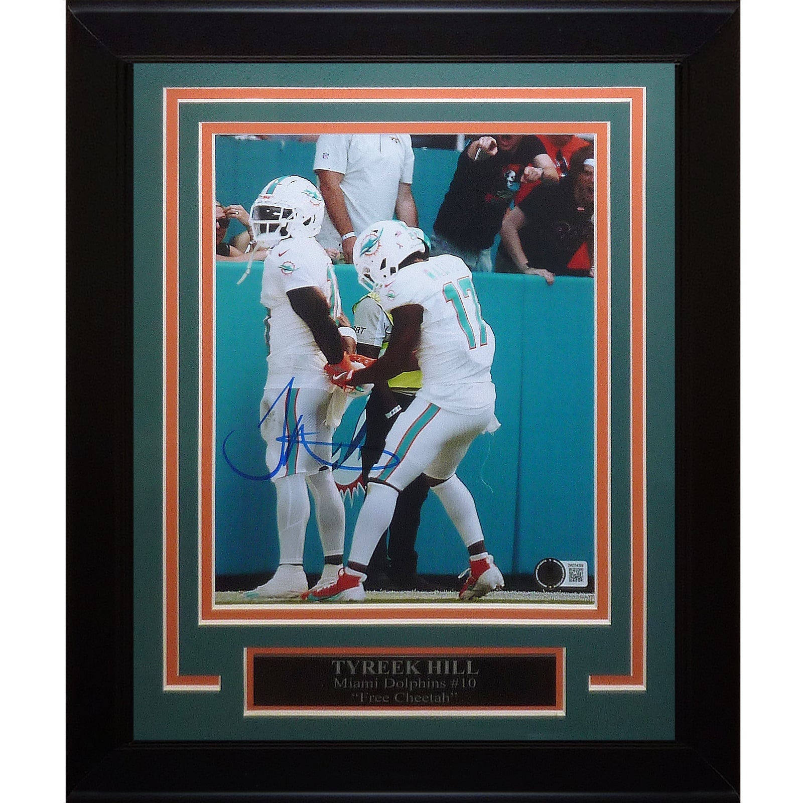 Autographed Tyreek Hill Miami Dolphins (Handcuffs Celebration Color) Deluxe 8x10 Photo - Beckett-Powers Sports Memorabilia