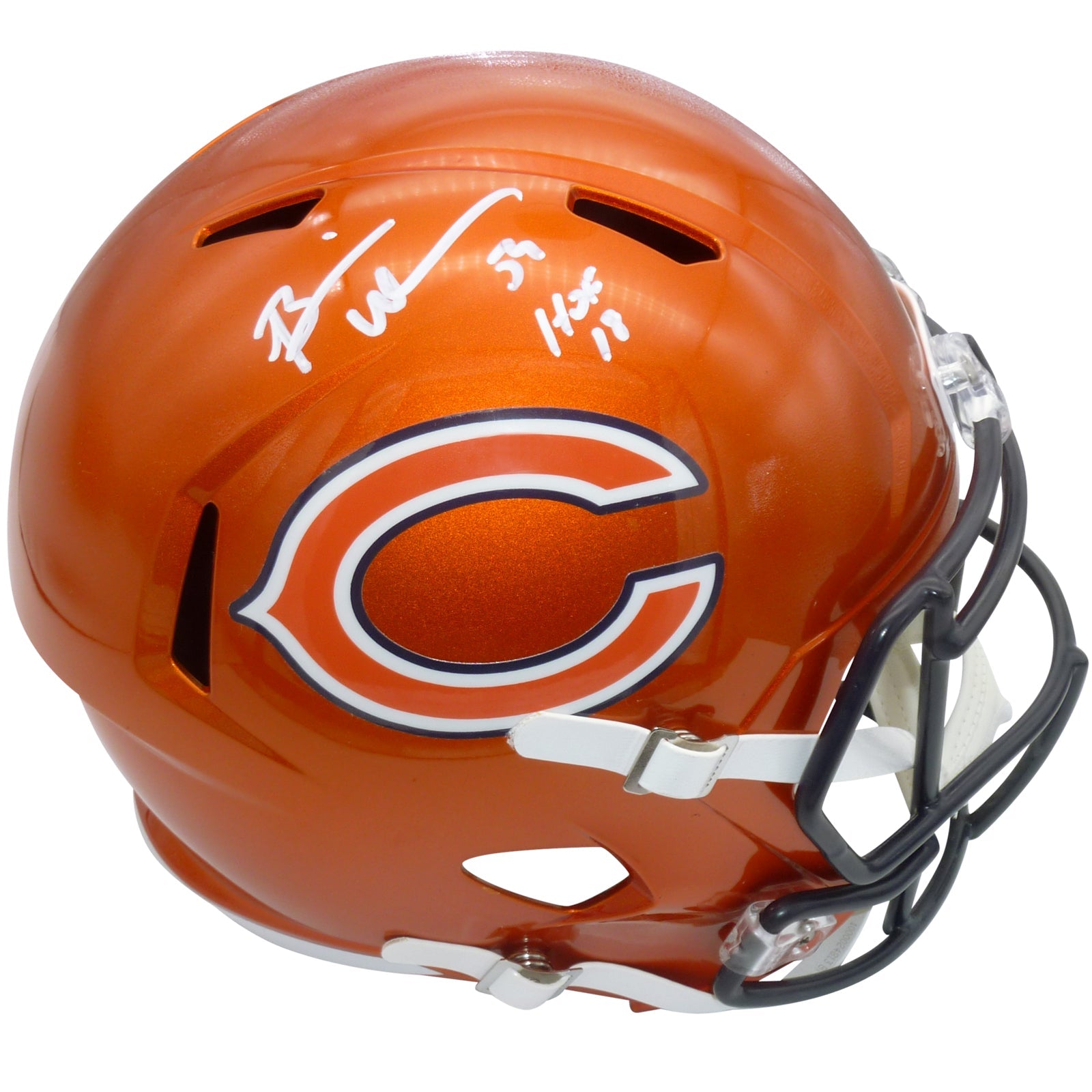 Autographed Brian Urlacher Chicago Bears (FLASH Alternate) Deluxe Full-Size Replica Helmet w/ HOF 2018 - Beckett-Powers Sports Memorabilia