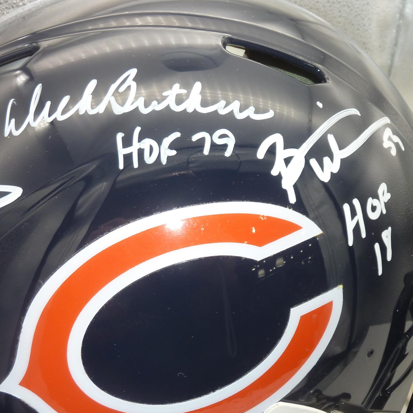 Autographed Monsters of the Midway Dick Butkus, Mike Singletary And Brian Urlacher Chicago Bears Authentic Proline Helmet - Beckett-Powers Sports Memorabilia