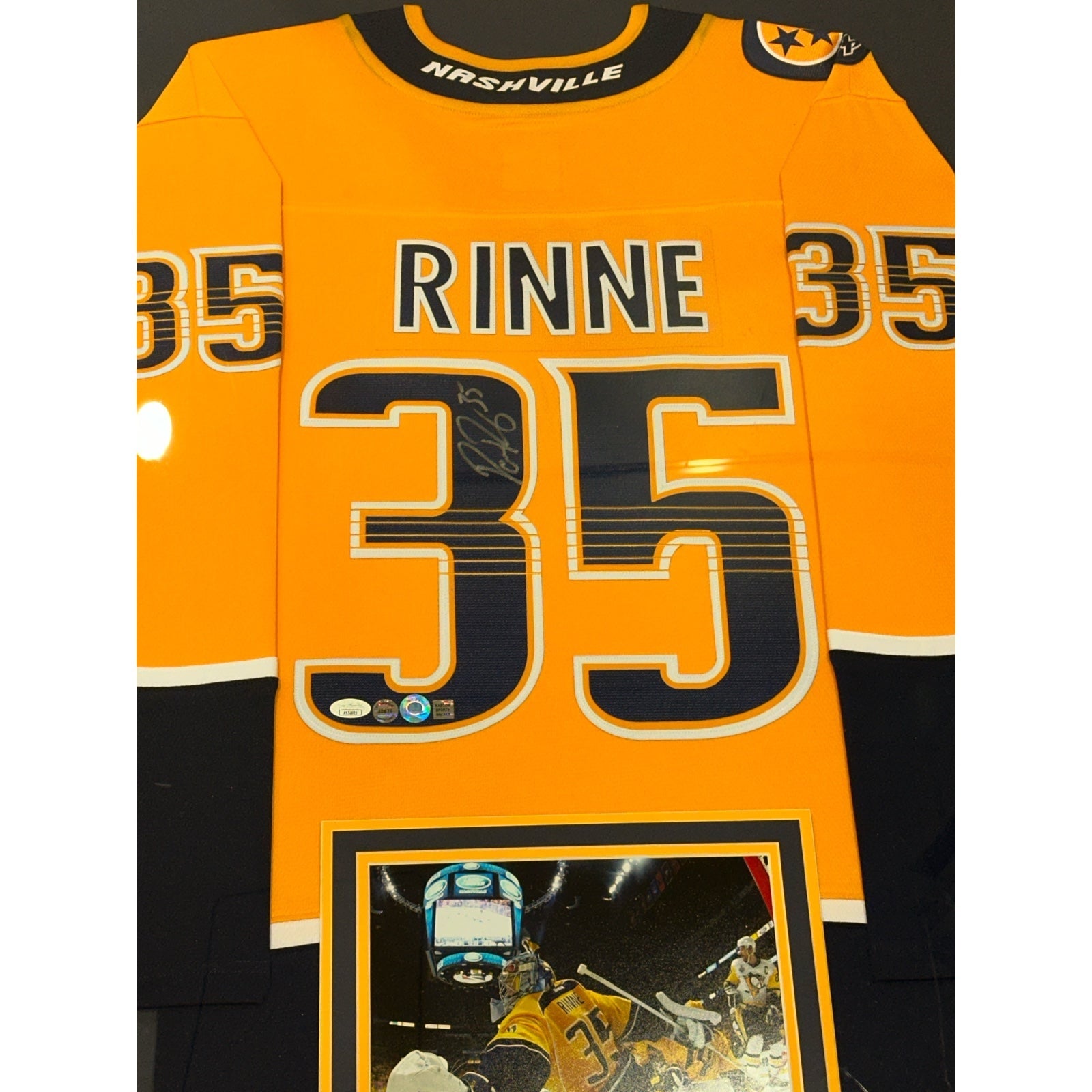 Autographed Pekka Rinne Nashville Predators (Gold #35) Vertical Framed Jersey - JSA-Powers Sports Memorabilia