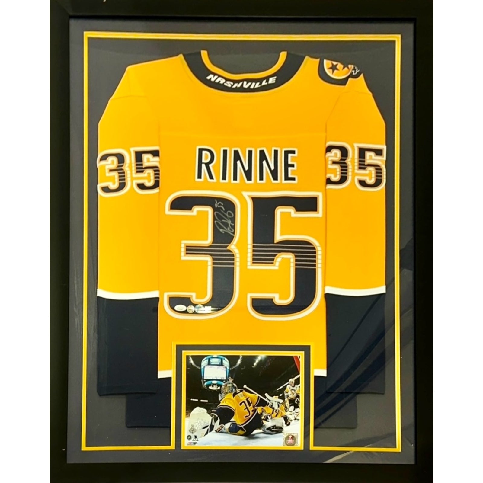 Autographed Pekka Rinne Nashville Predators (Gold #35) Vertical Framed Jersey - JSA-Powers Sports Memorabilia