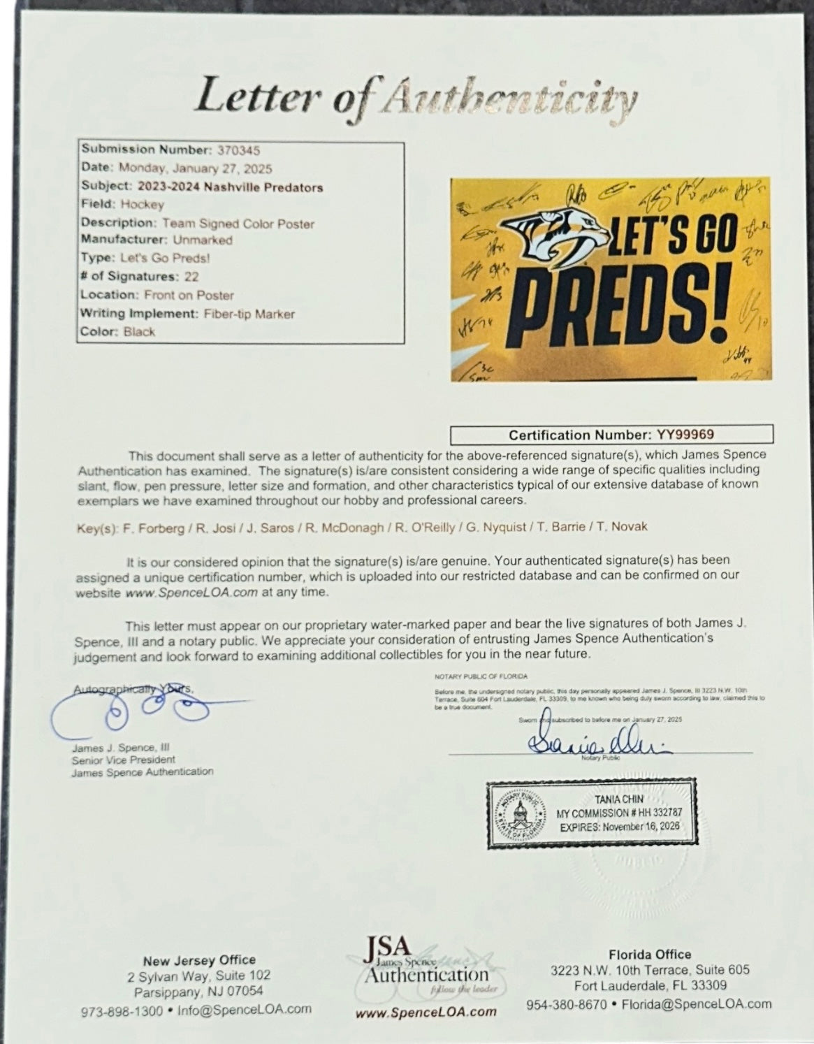 Autographed Nashville Predators 2023-24 Team Deluxe Framed Poster - JSA Letter-Powers Sports Memorabilia
