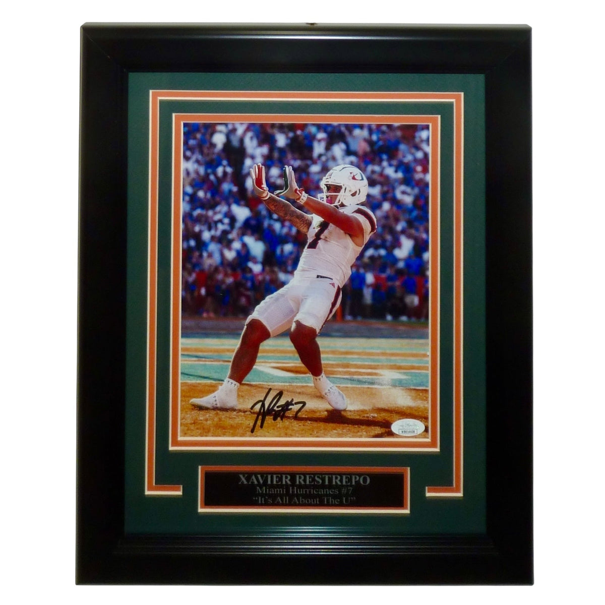 Autographed Xavier Restrepo Miami Hurricanes (TD Celebration) Deluxe Framed 8x10 Photo - JSA-Powers Sports Memorabilia