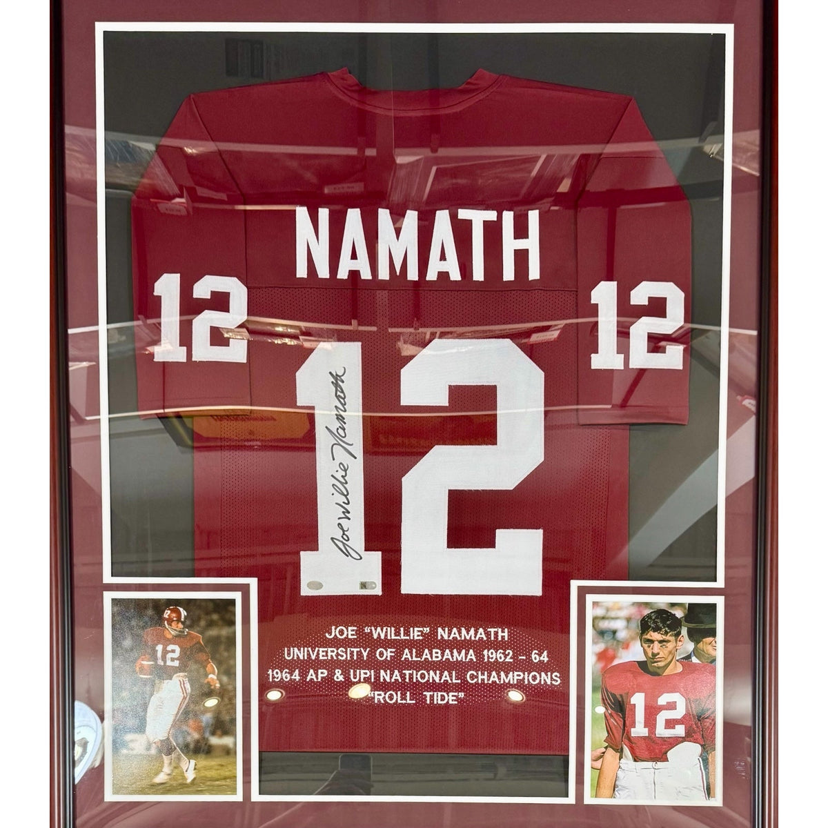 Autographed Joe Namath Alabama (Crimson #12 STAT Embroidered) Deluxe Framed Jersey - JSA-Powers Sports Memorabilia