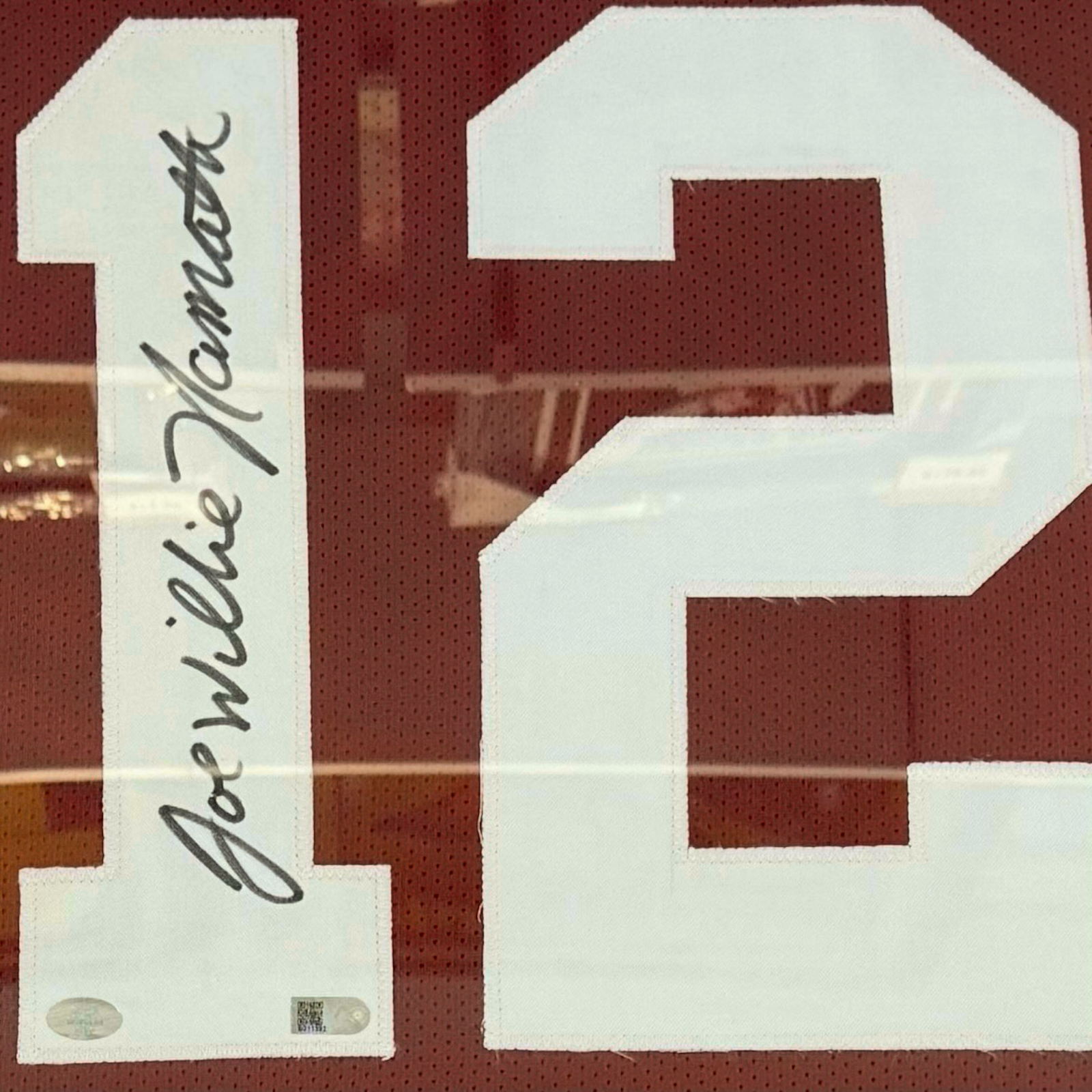 Autographed Joe Namath Alabama (Crimson #12 STAT Embroidered) Deluxe Framed Jersey - JSA-Powers Sports Memorabilia