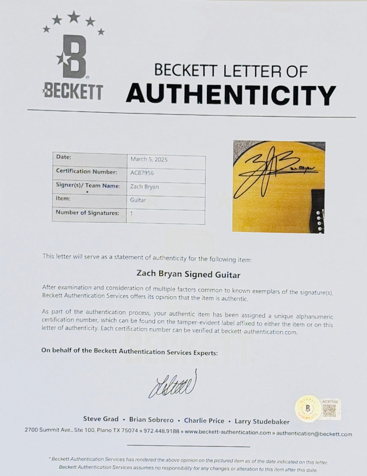 Autographed Zach Bryan Natural Acoustic Guitar - Beckett-Powers Sports Memorabilia