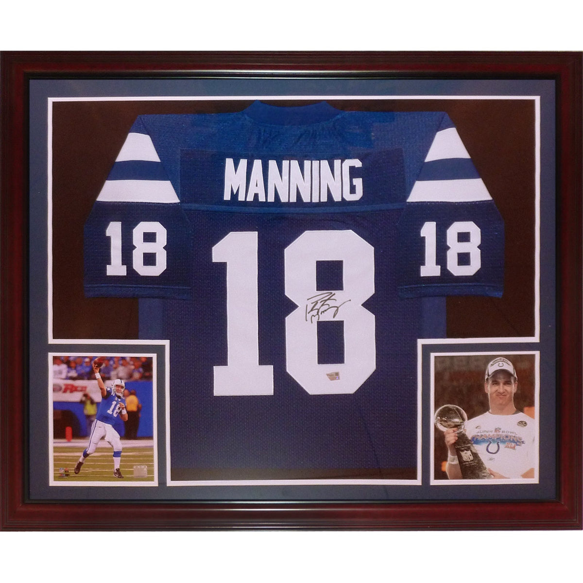 Autographed Peyton Manning Indianapolis Colts (Blue #18) Deluxe Framed Jersey - Fanatics-Powers Sports Memorabilia