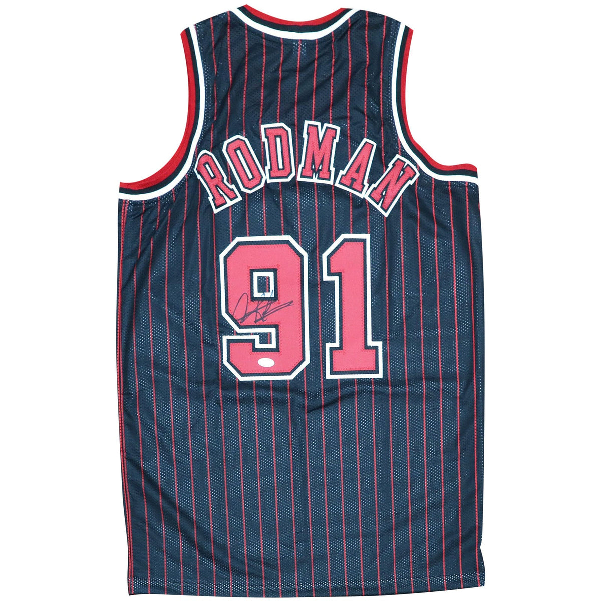 Autographed Dennis Rodman Chicago Bulls (Black Pinstripe #91) Custom Jersey - JSA-Powers Sports Memorabilia