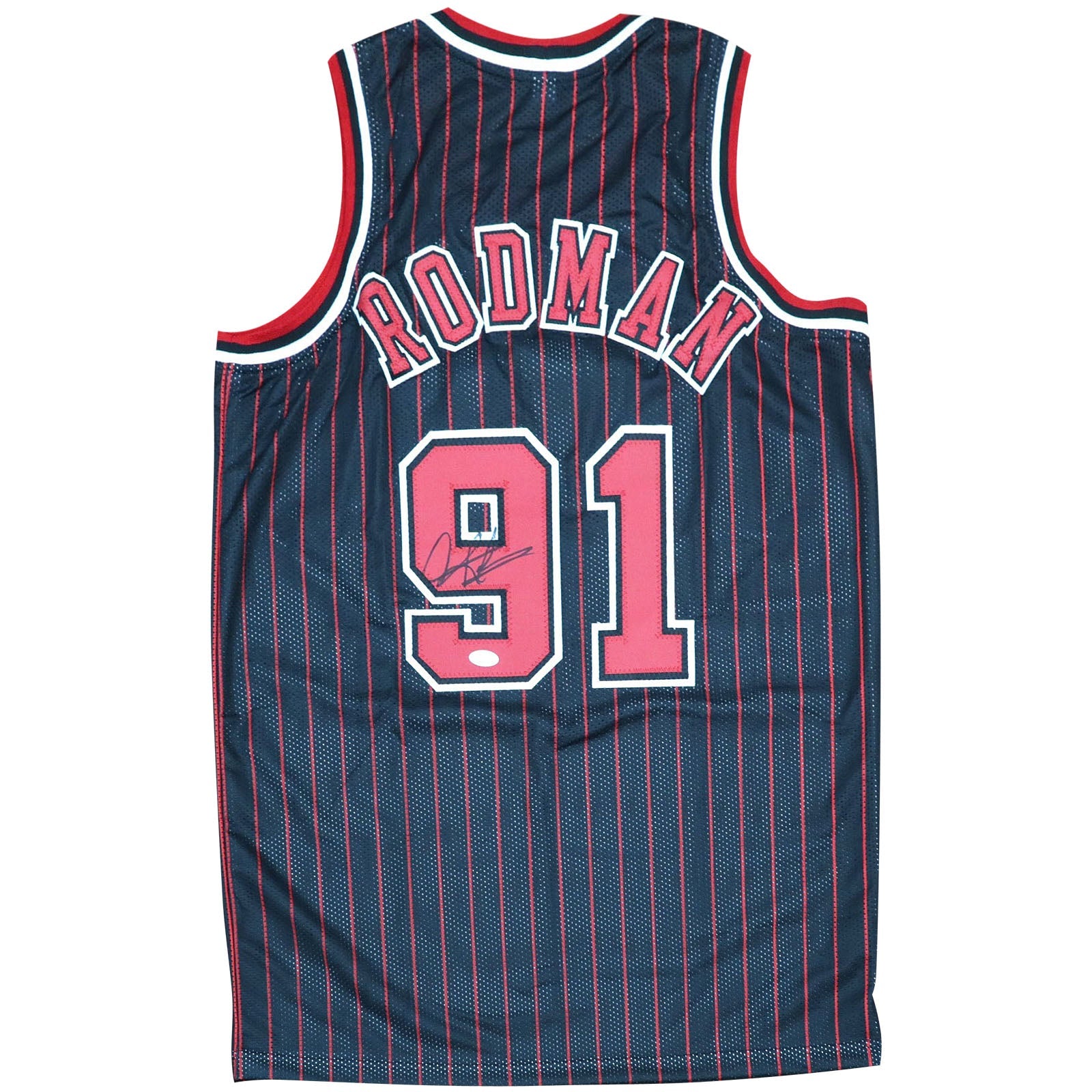 Autographed Dennis Rodman Chicago Bulls (Black Pinstripe #91) Custom Jersey - JSA-Powers Sports Memorabilia
