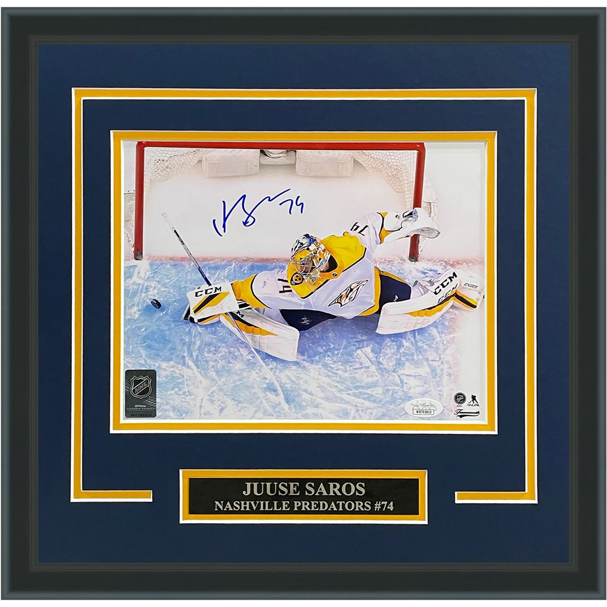 Autographed Juuse Saros Nashville Predators (Horiz Stretch Save) Deluxe Framed 8x10 Photo - JSA-Powers Sports Memorabilia