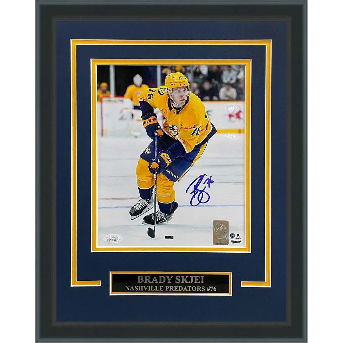 Autographed Brady Skjei Nashville Predators (Gold Jersey) Deluxe Framed 8x10 Photo - JSA-Powers Sports Memorabilia