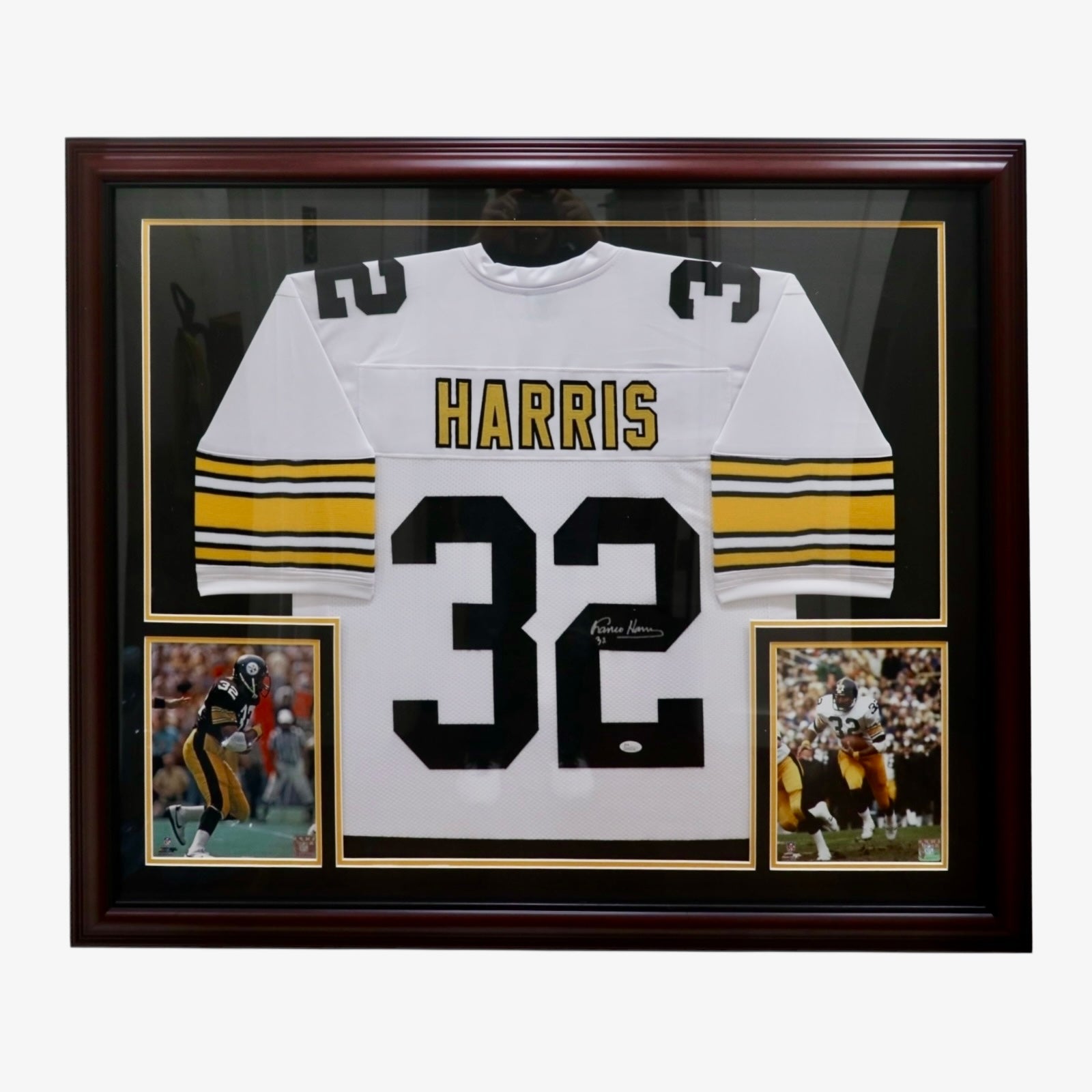 Autographed Franco Harris Pittsburgh (White #32) Deluxe Framed Jersey - JSA-Powers Sports Memorabilia