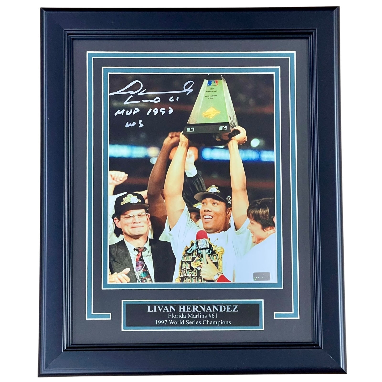 Autographed Livan Hernandez Florida Marlins (World Series Trophy) Deluxe Framed 8x10 Photo w/ "MVP 1997 WS"-Powers Sports Memorabilia