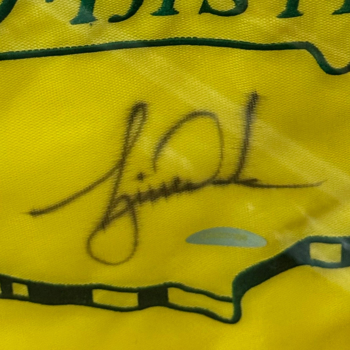 Autographed Tiger Woods Masters Flag Tiger Slam Deluxe Framed Piece - 2000 US Open, British Open, PGA Championship, 2001 Masters-Powers Sports Memorabilia