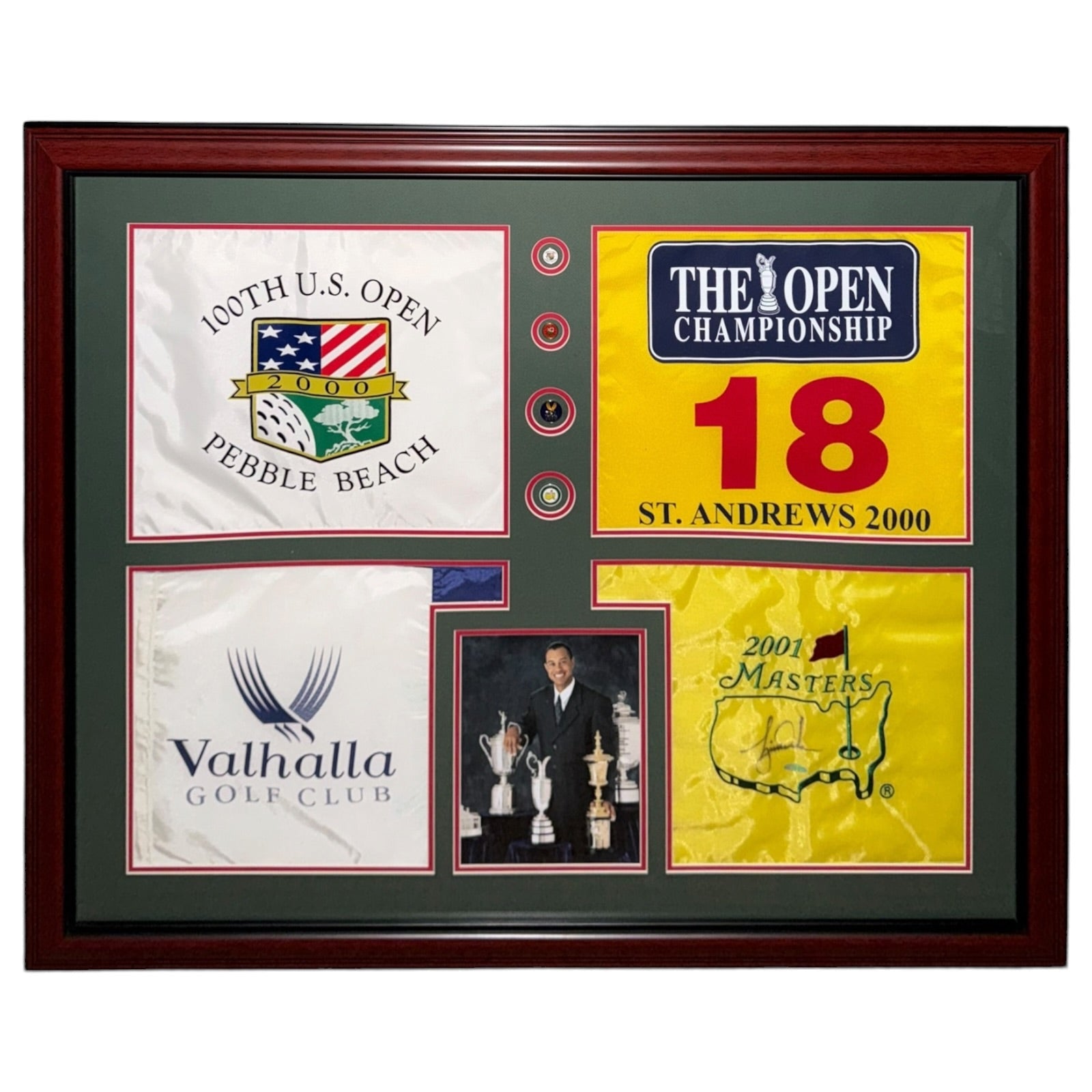 Autographed Tiger Woods Masters Flag Tiger Slam Deluxe Framed Piece - 2000 US Open, British Open, PGA Championship, 2001 Masters-Powers Sports Memorabilia