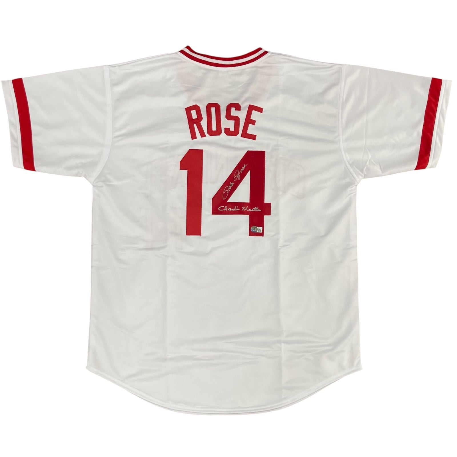 Autographed Pete Rose Cincinnati (White #14) Custom Jersey w/ "Charlie Hustle" - Beckett-Powers Sports Memorabilia